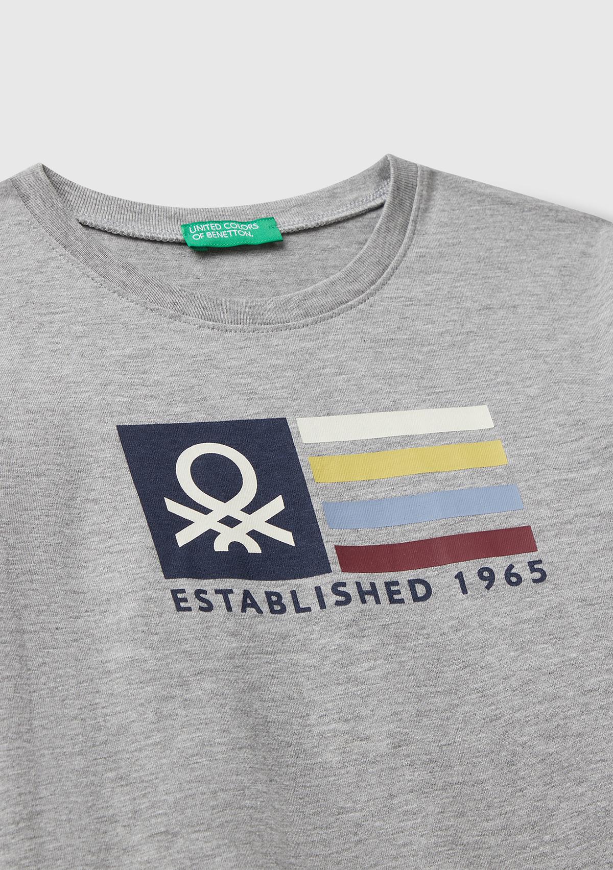 Erkek Çocuk Gri Melanj Organik Pamuklu Önü Logo Baskılı Uzun Kollu T-shirt