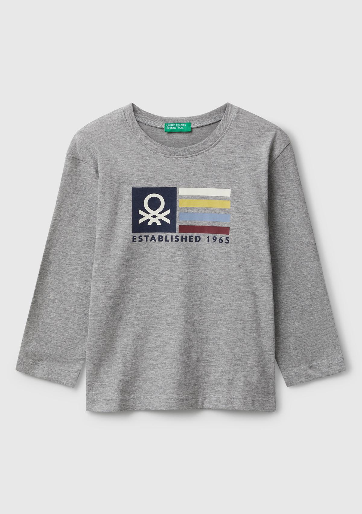 Erkek Çocuk Gri Melanj Organik Pamuklu Önü Logo Baskılı Uzun Kollu T-shirt