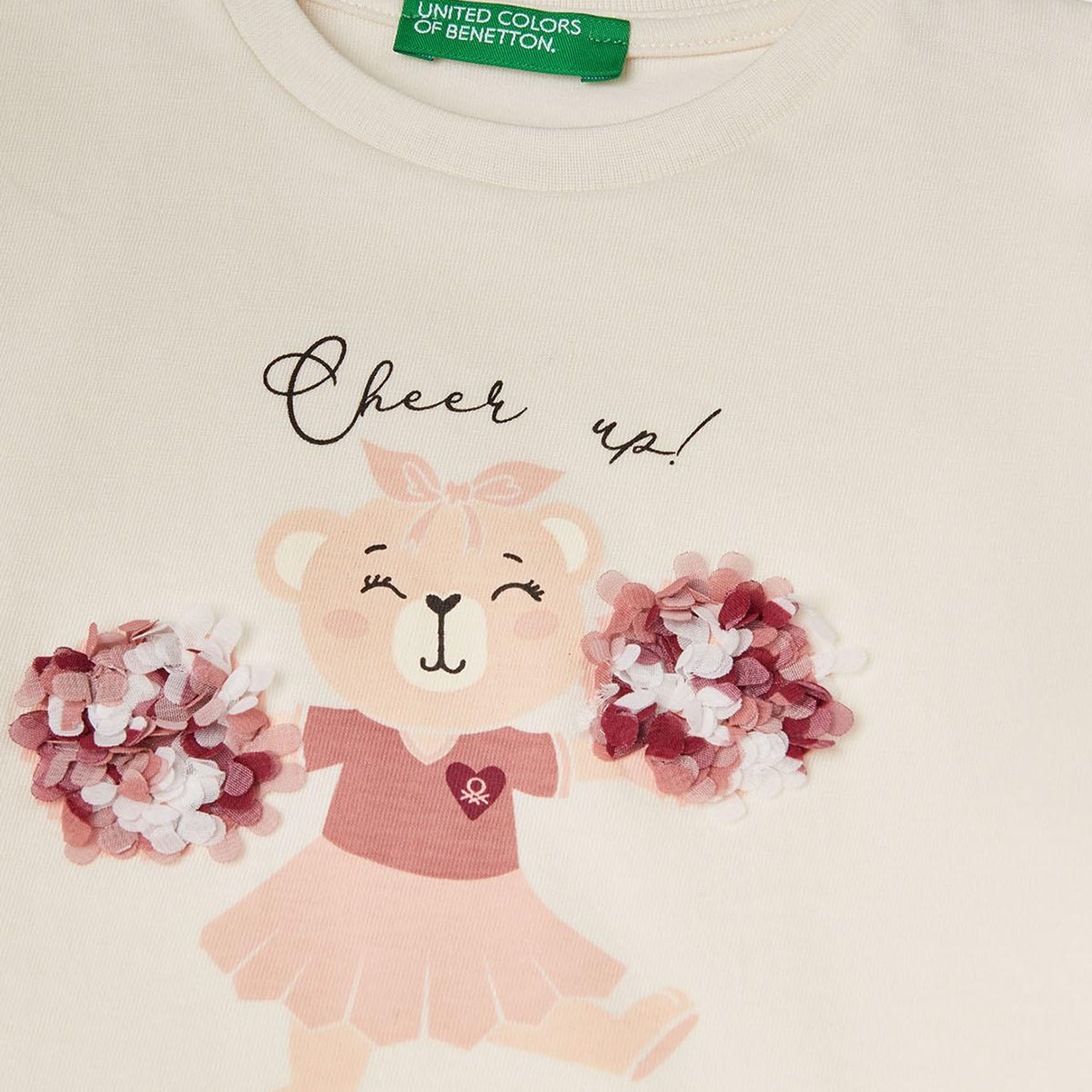 Kız Çocuk Ekru Önü Baskılı Ribana Yakalı Uzun Kollu T-shirt