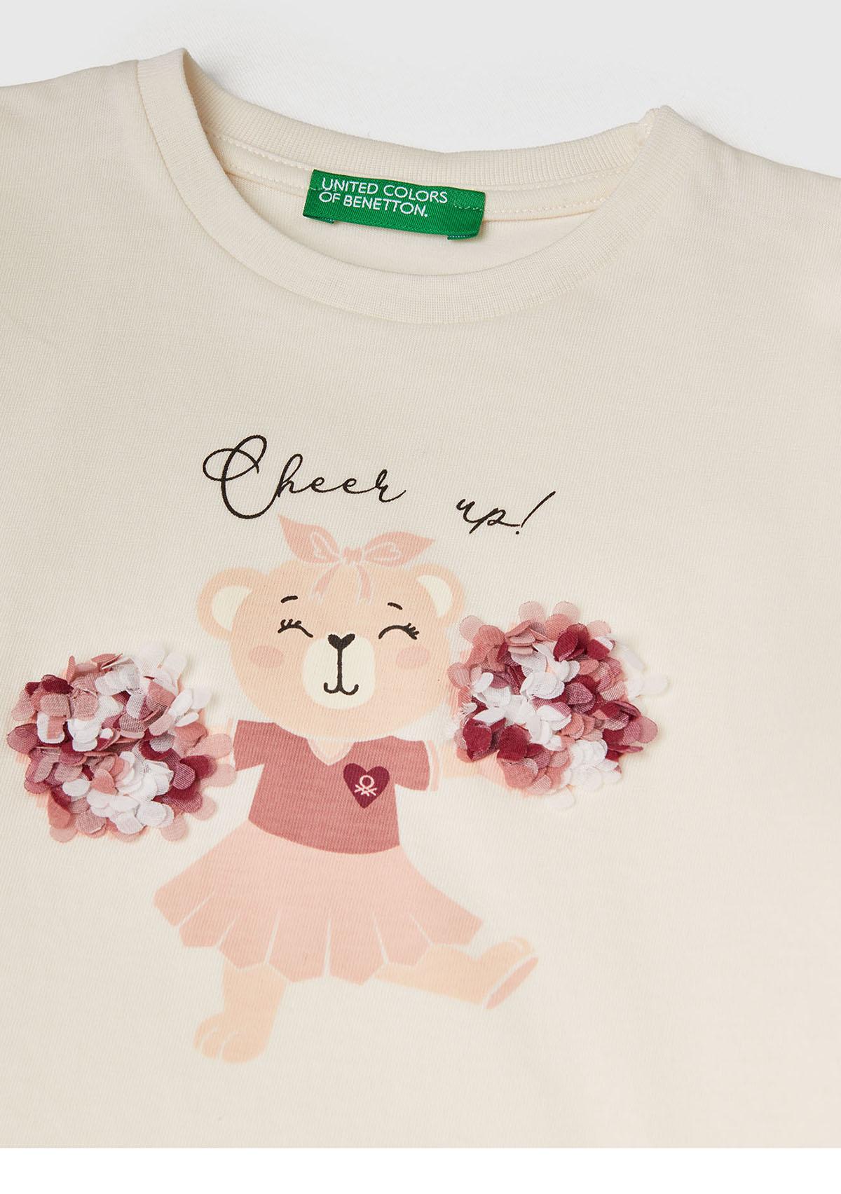 Kız Çocuk Ekru Önü Baskılı Ribana Yakalı Uzun Kollu T-shirt