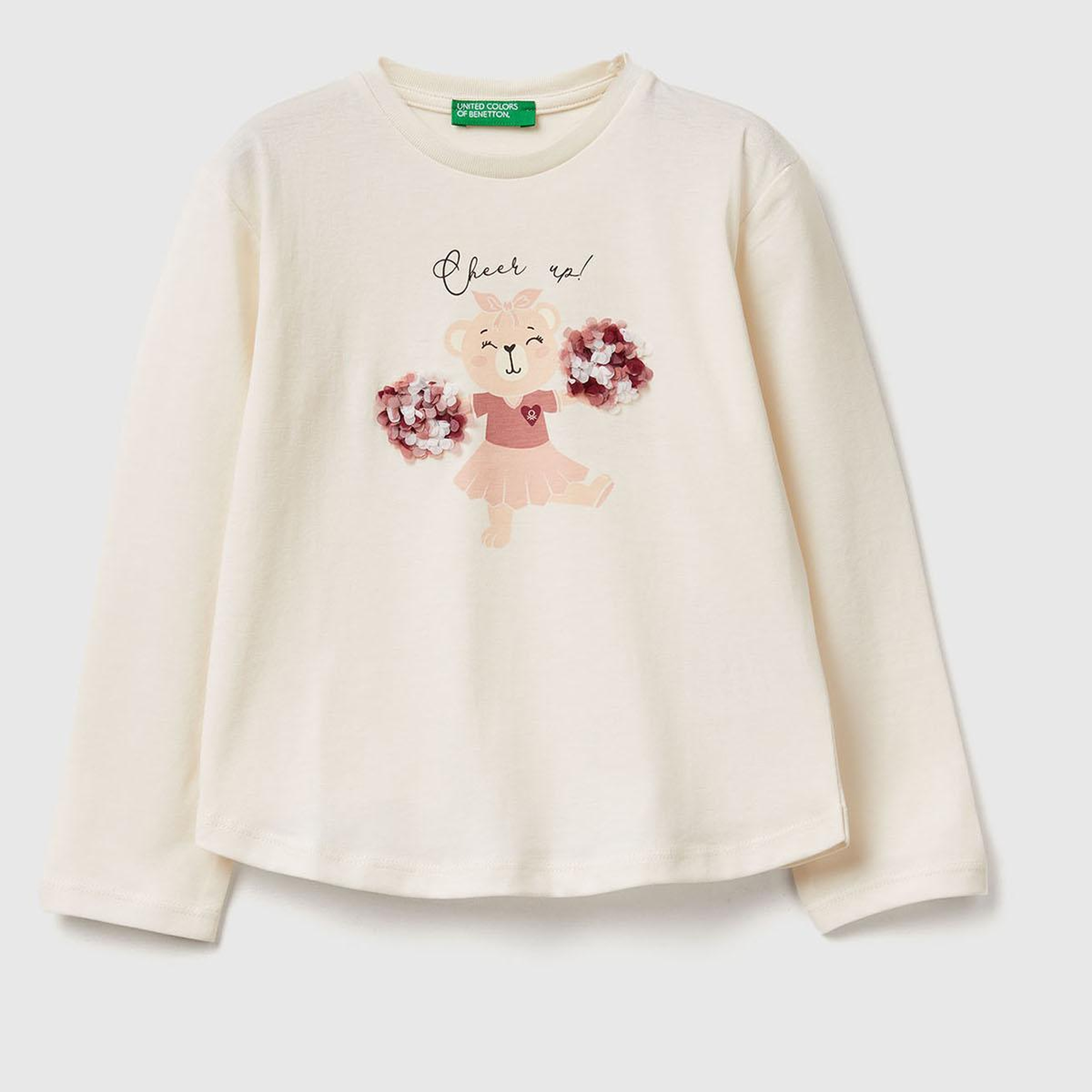 Kız Çocuk Ekru Önü Baskılı Ribana Yakalı Uzun Kollu T-shirt