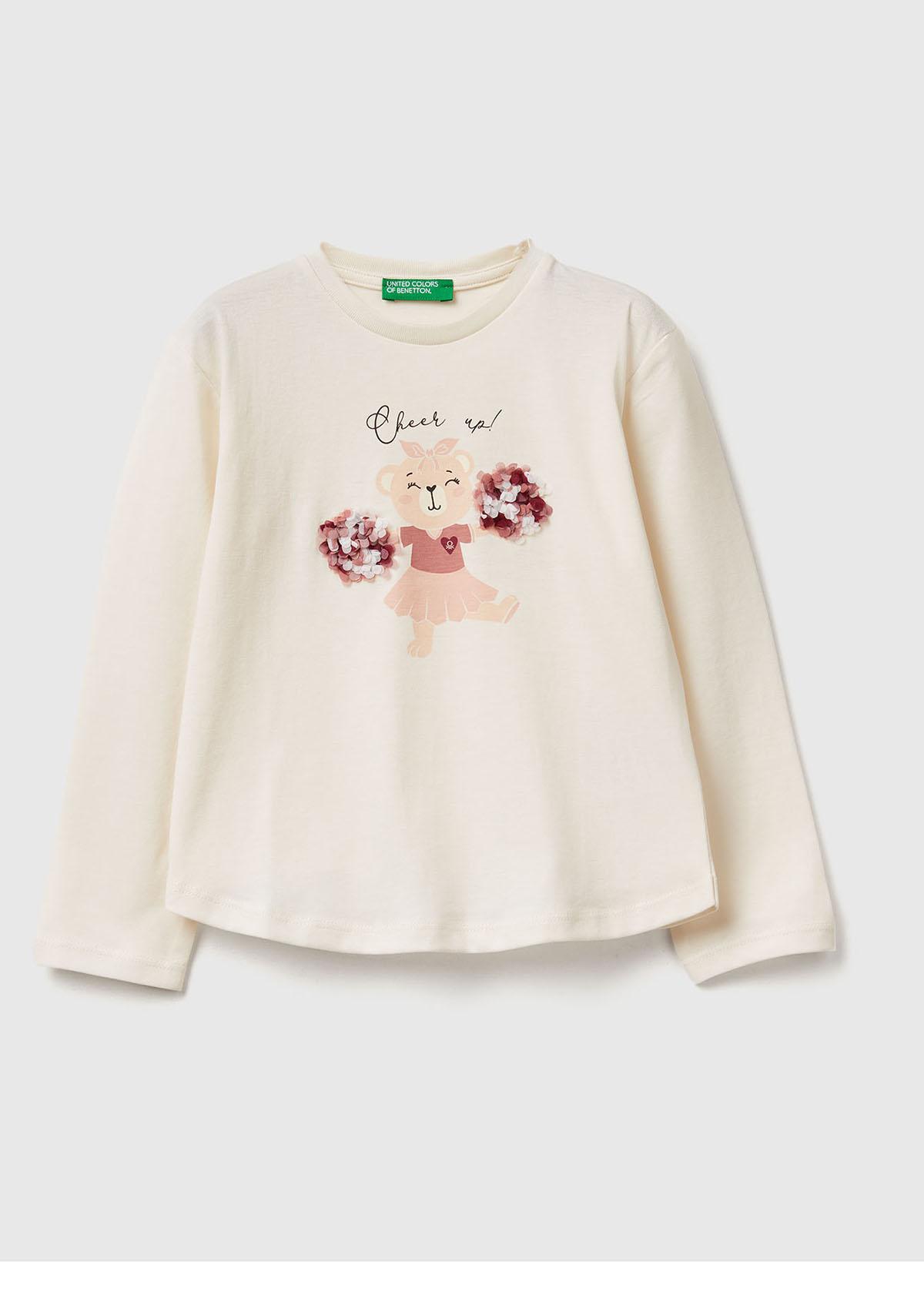 Kız Çocuk Ekru Önü Baskılı Ribana Yakalı Uzun Kollu T-shirt