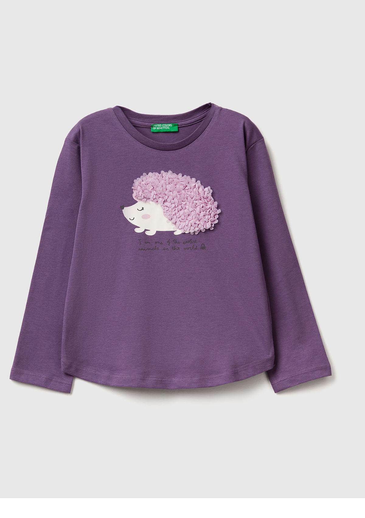 Kız Çocuk Mor Önü Baskılı Ribana Yakalı Uzun Kollu T-shirt