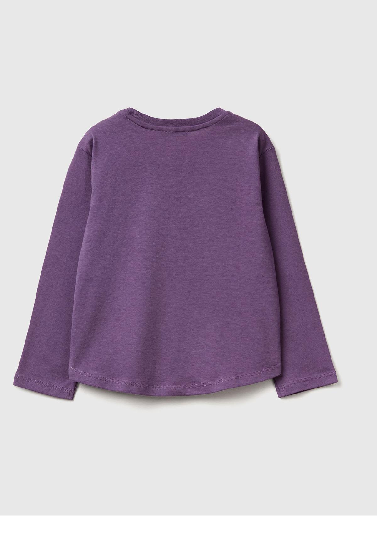 Kız Çocuk Mor Önü Baskılı Ribana Yakalı Uzun Kollu T-shirt