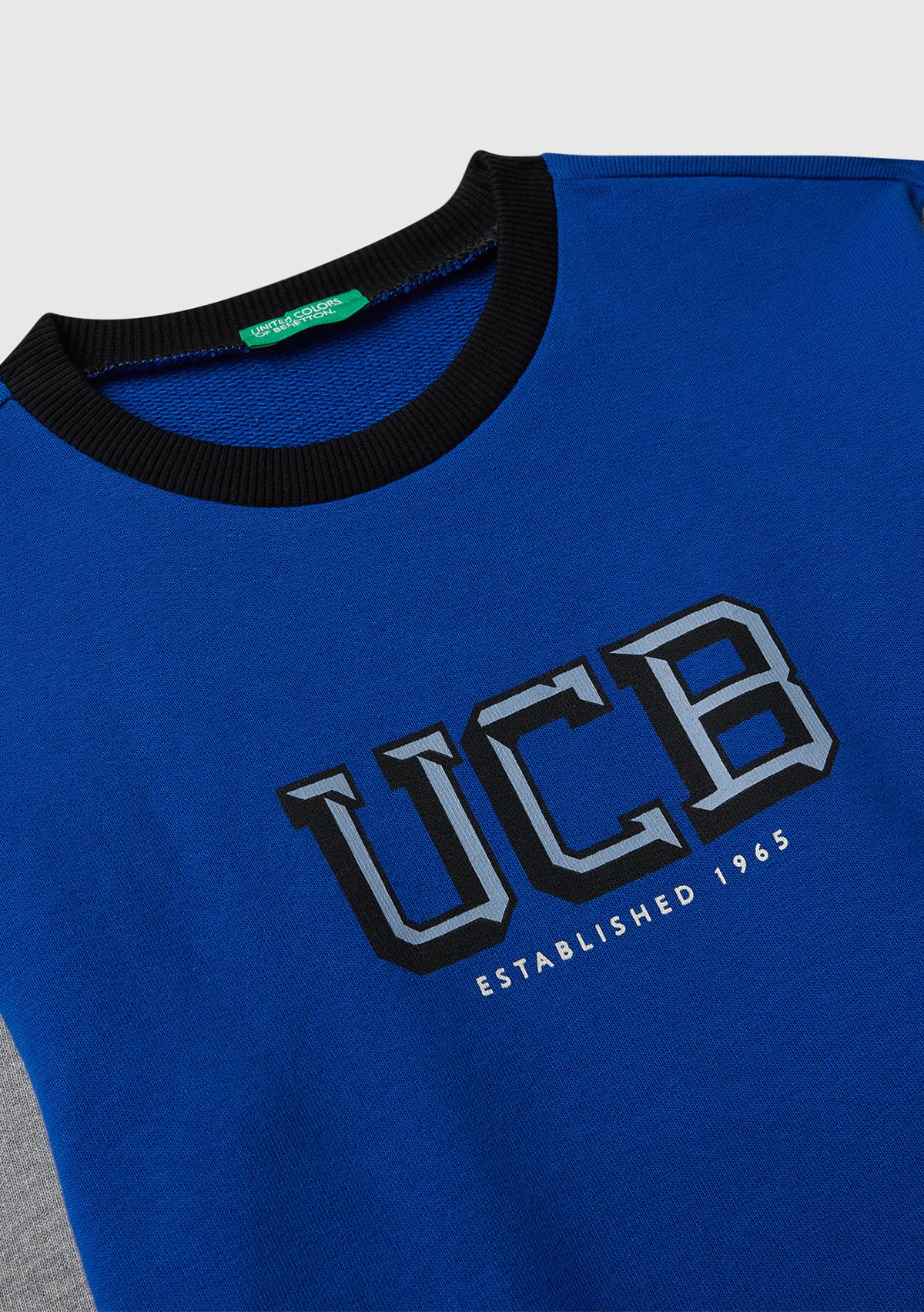 Erkek Çocuk Mavi-Gri Önü Logo Baskılı Bisiklet Yaka Regular Fit Sweatshirt
