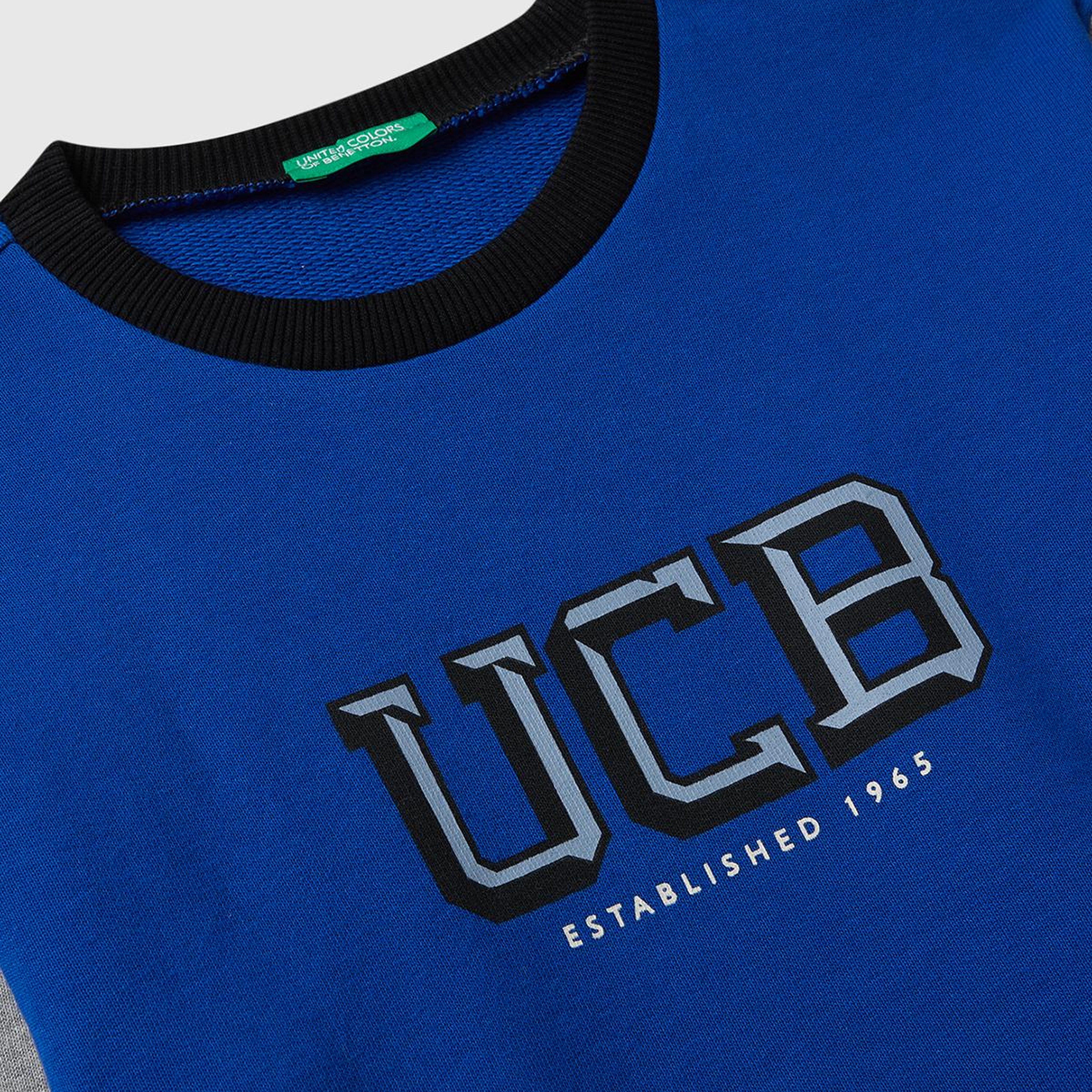 Erkek Çocuk Mavi-Gri Önü Logo Baskılı Bisiklet Yaka Regular Fit Sweatshirt