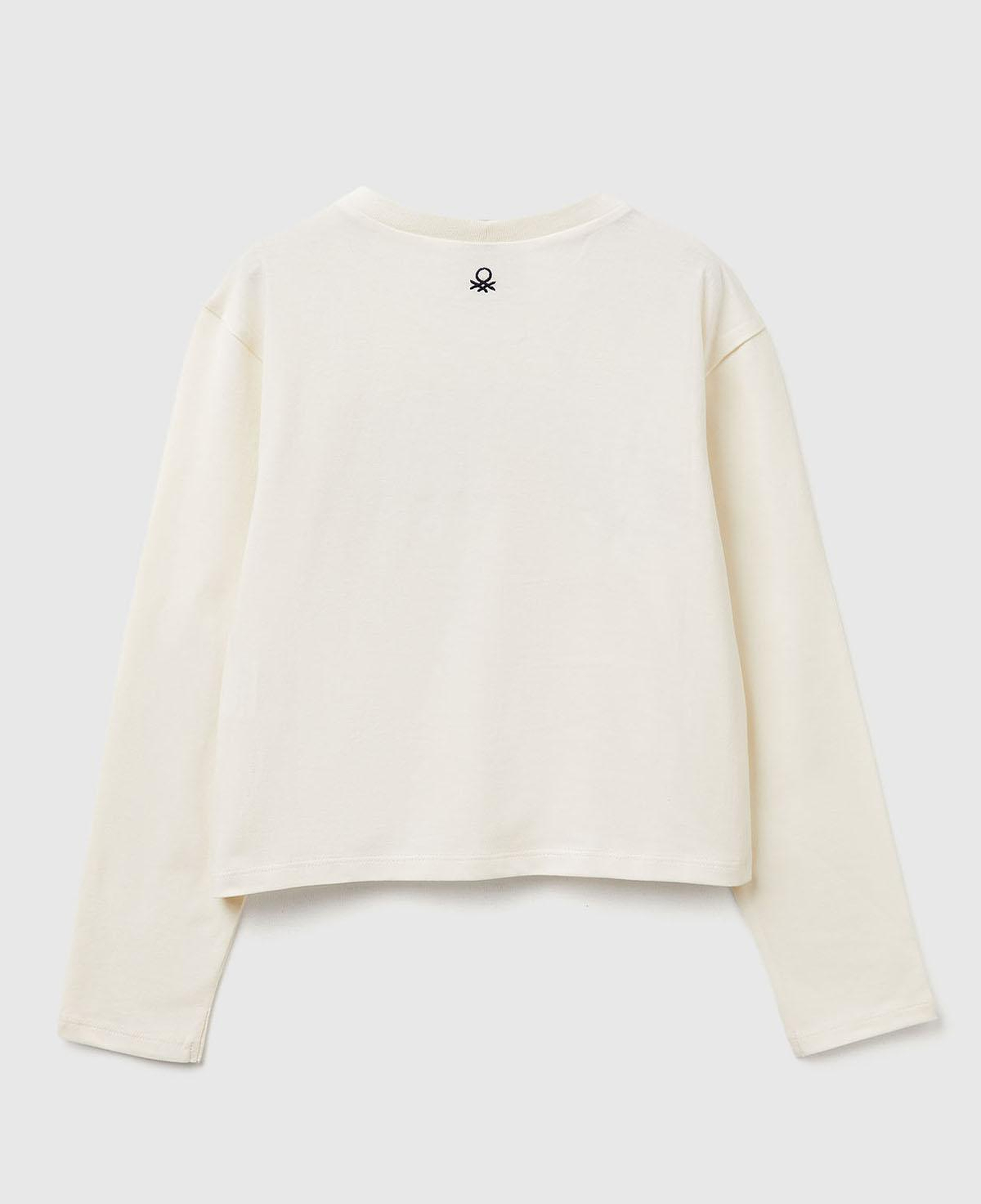 Kız Çocuk Ekru Önü Simli Baskılı Logo Etiketli Boxy Uzun Kollu T-shirt