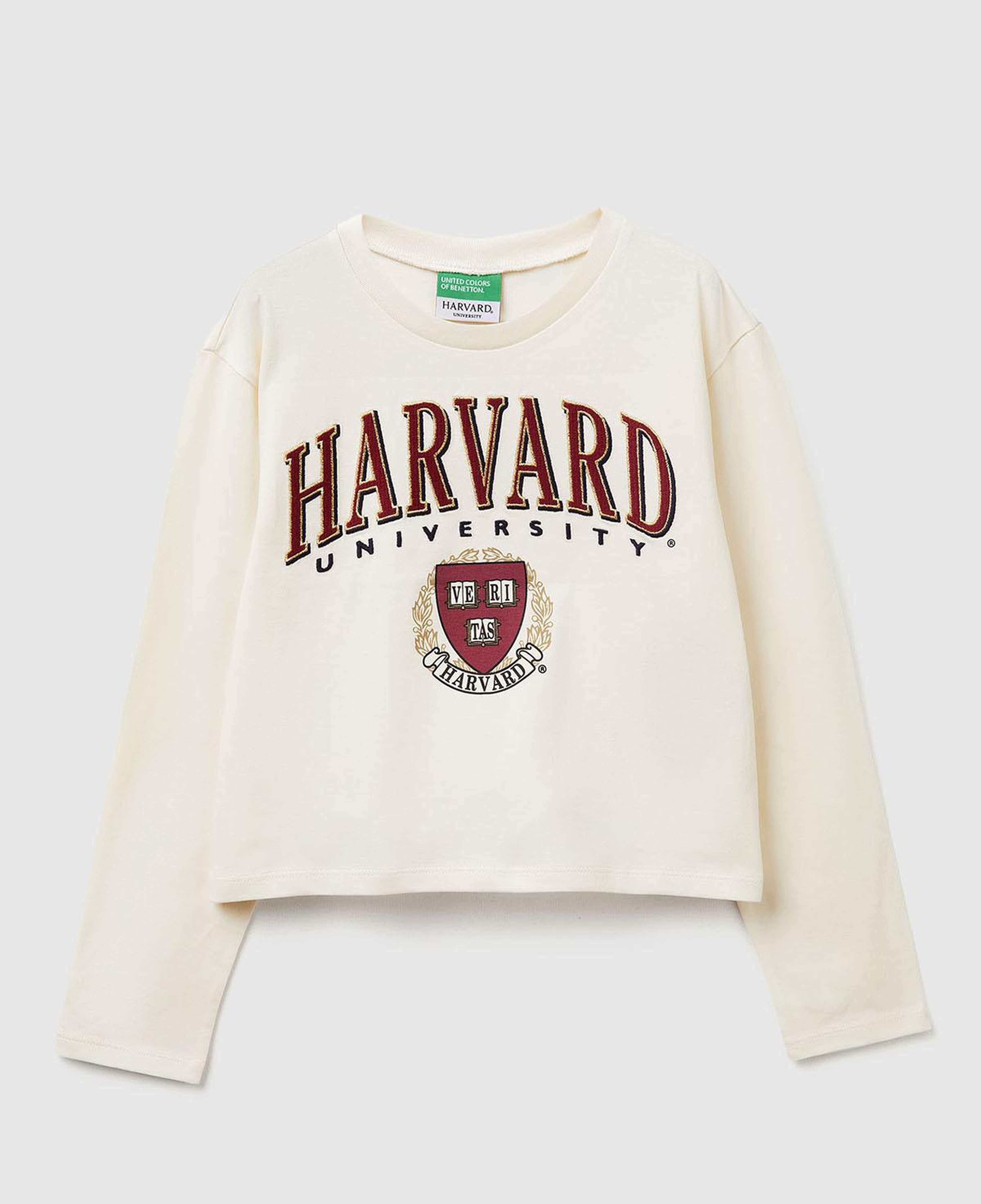 Kız Çocuk Ekru Önü Simli Baskılı Logo Etiketli Boxy Uzun Kollu T-shirt