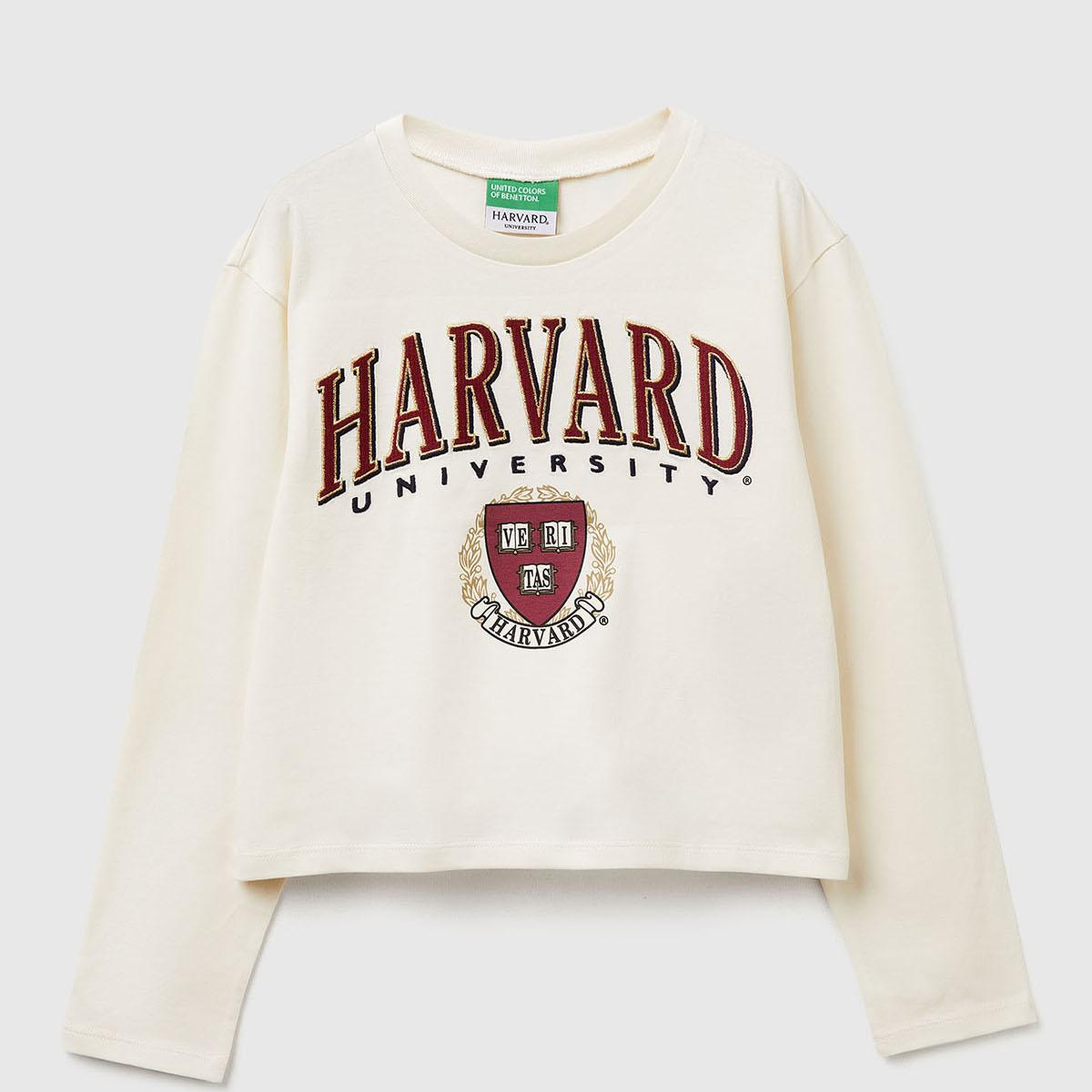 Kız Çocuk Ekru Önü Simli Baskılı Logo Etiketli Boxy Uzun Kollu T-shirt