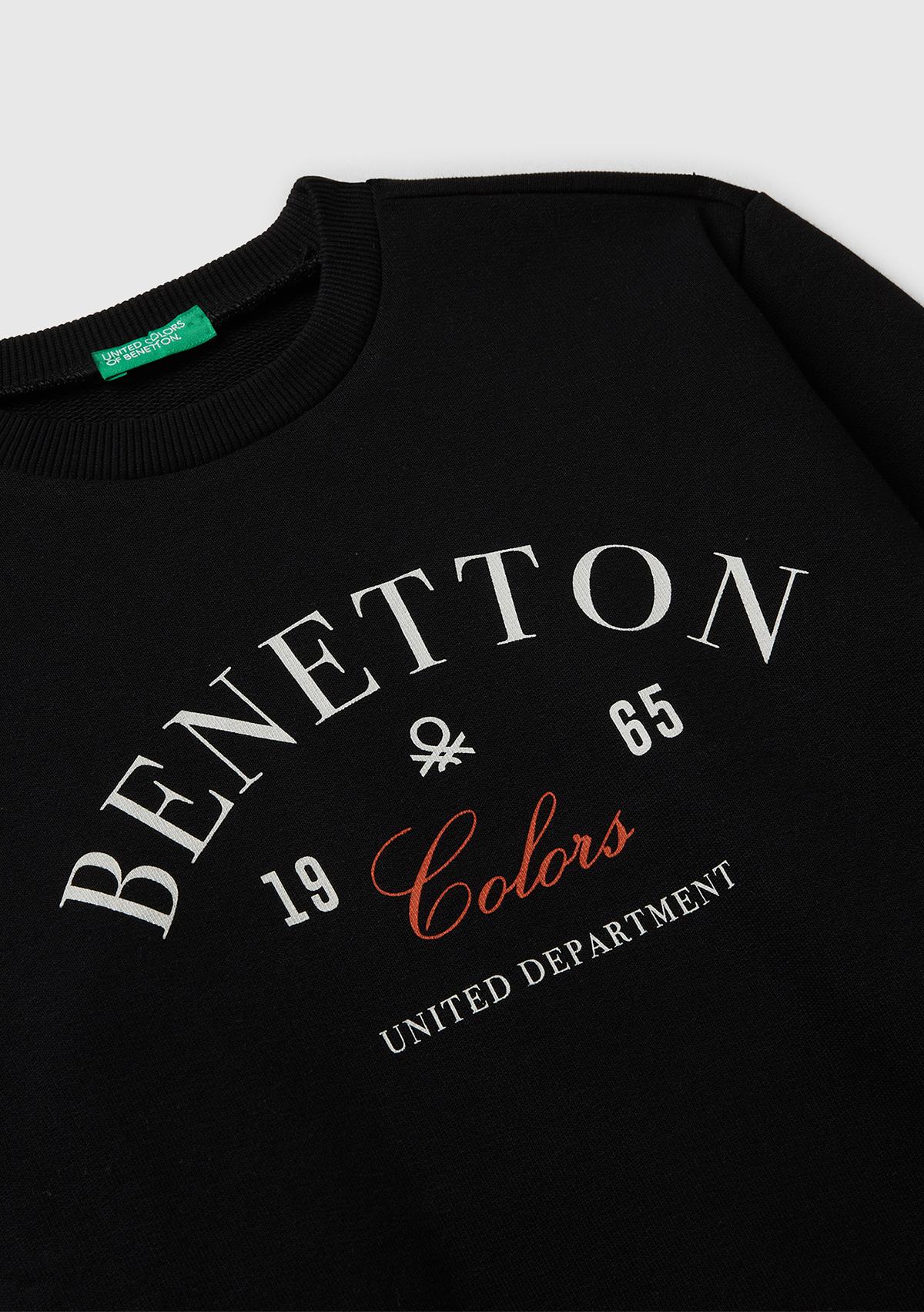 Erkek Çocuk Siyah Önü Logo Baskılı Bisiklet Yaka Regular Fit Sweatshirt