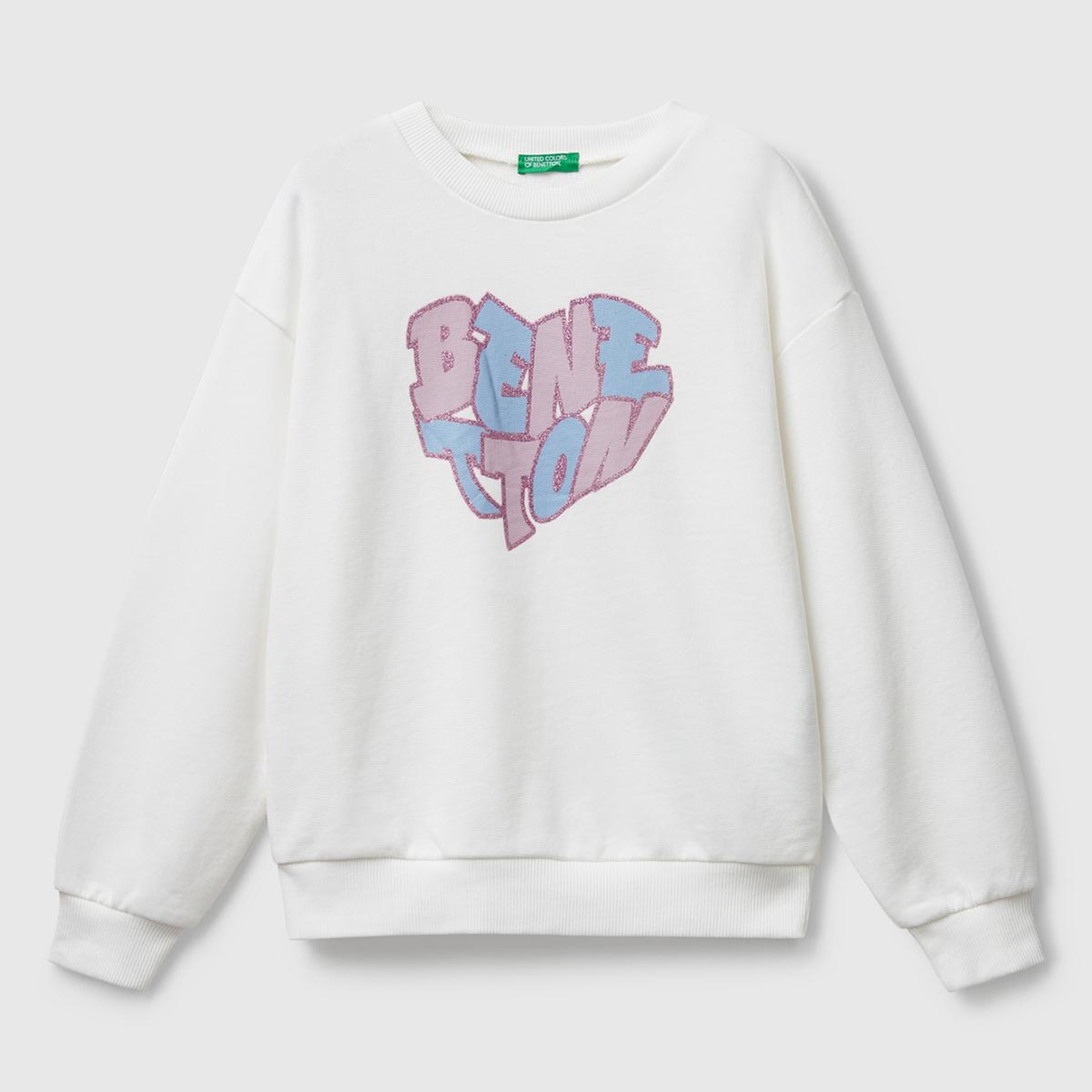 Kız Çocuk Ekru Parıltılı Logo Baskılı Ribanalı Bisiklet Yaka Sweatshirt
