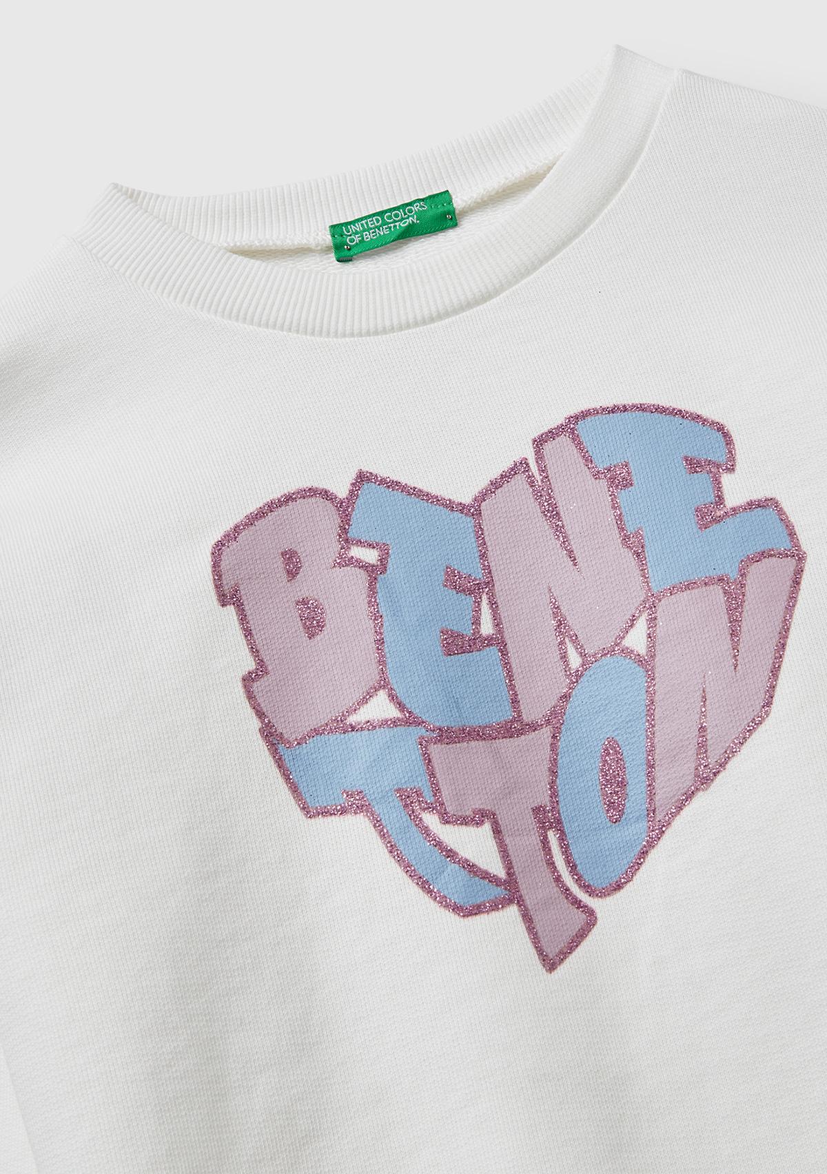 Kız Çocuk Ekru Parıltılı Logo Baskılı Ribanalı Bisiklet Yaka Sweatshirt
