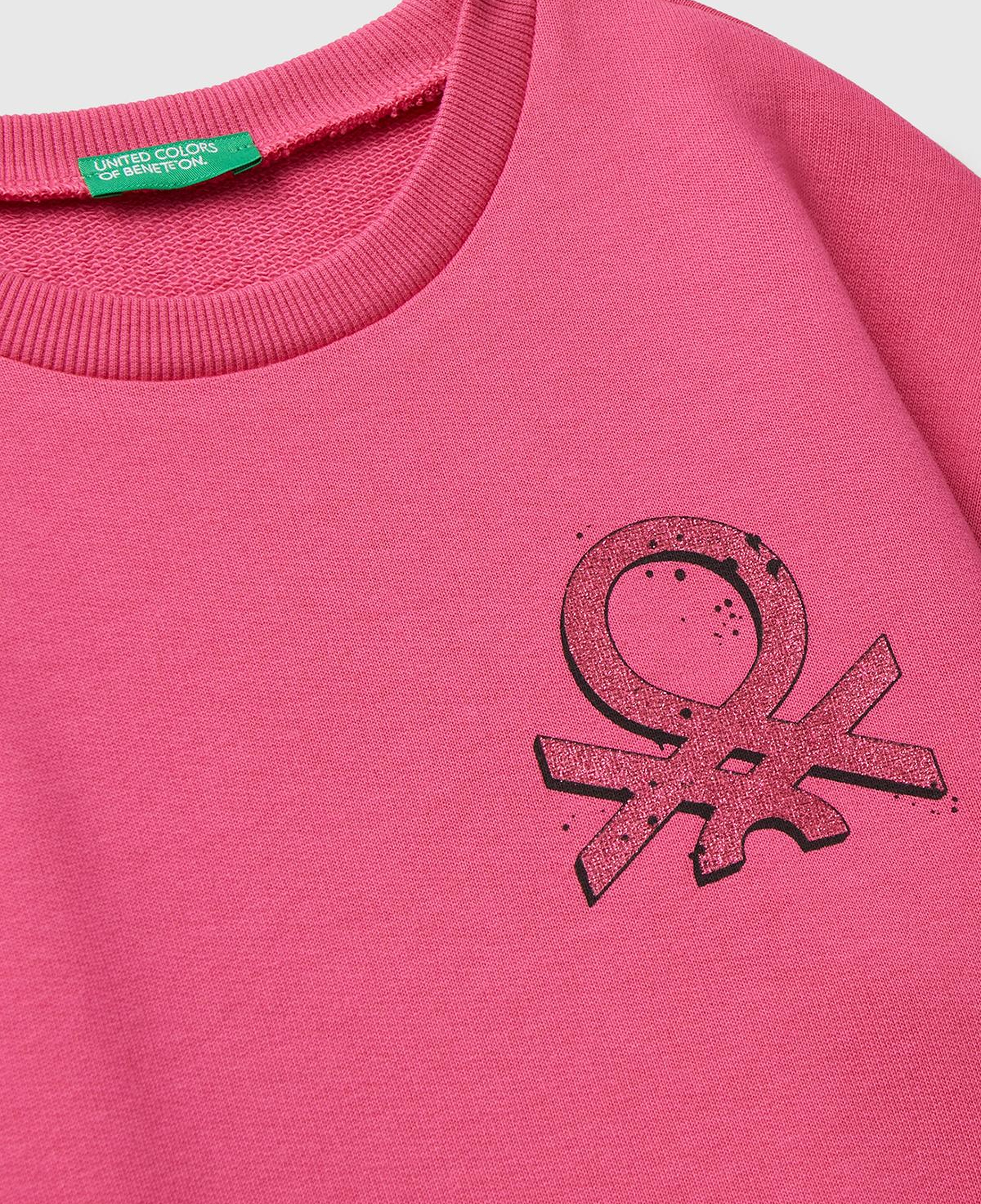 Kız Çocuk Pembe Parıltılı Logo Baskılı Ribanalı Bisiklet Yaka Sweatshirt
