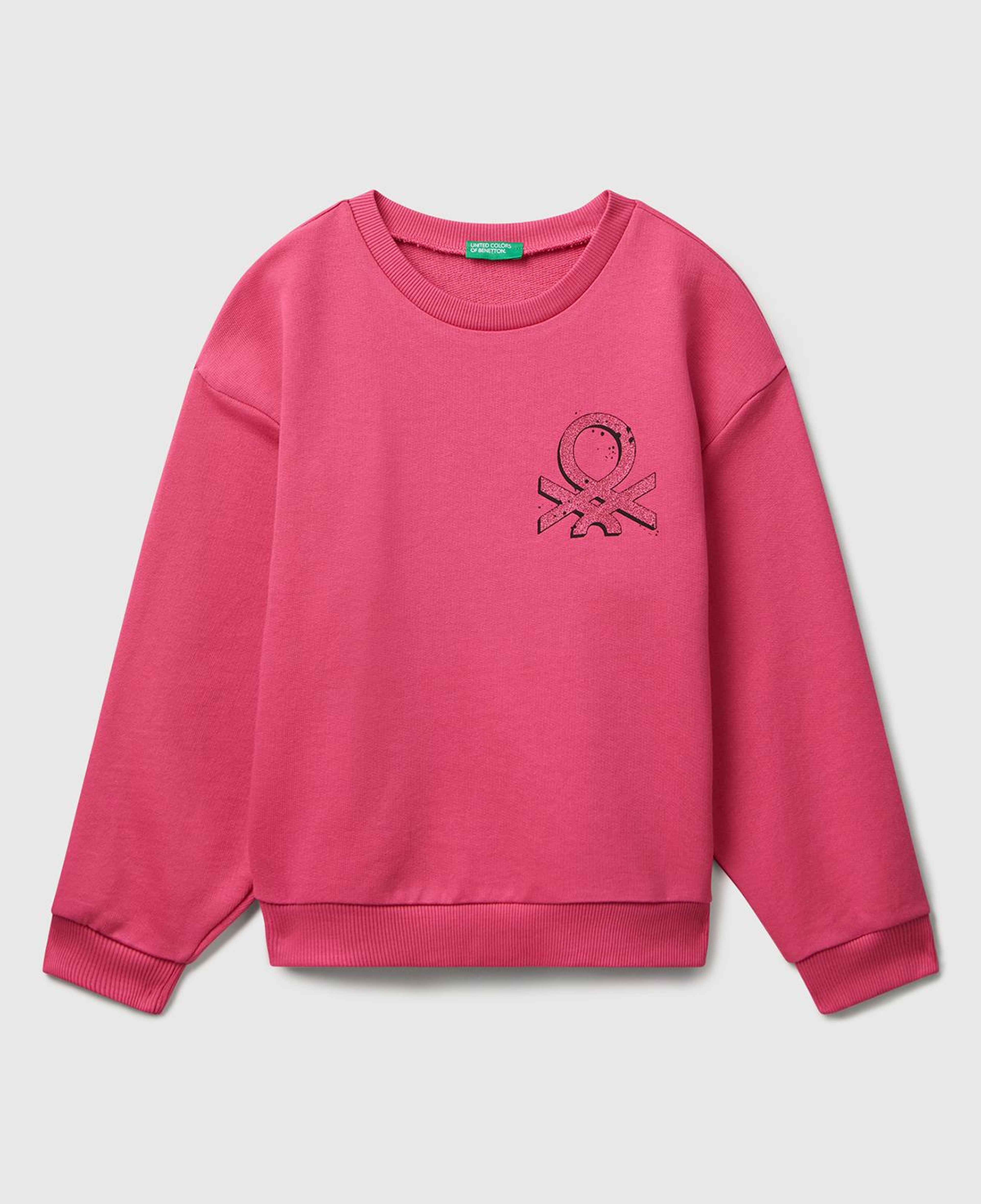 Kız Çocuk Pembe Parıltılı Logo Baskılı Ribanalı Bisiklet Yaka Sweatshirt
