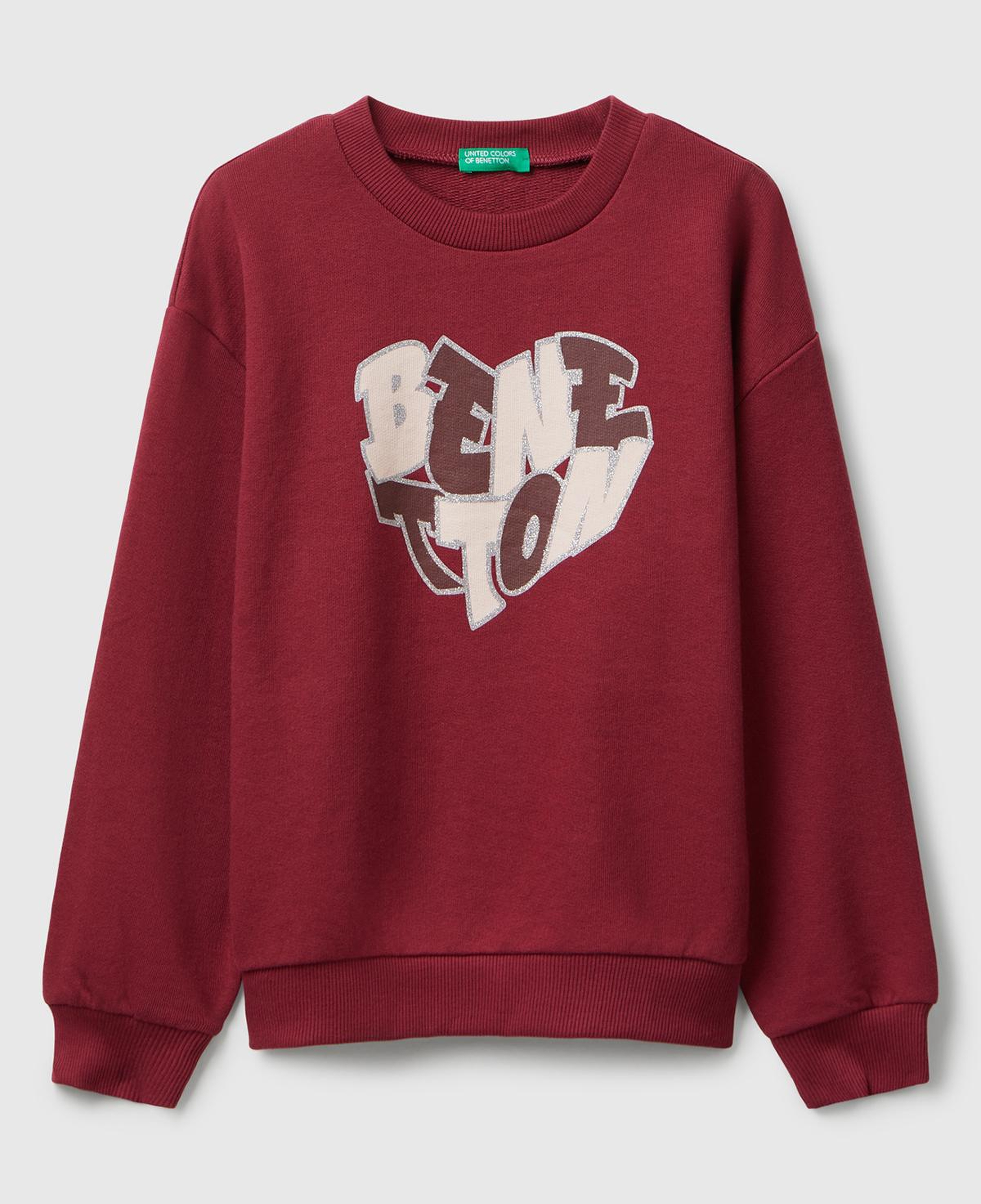 Kız Çocuk Bordo Parıltılı Logo Baskılı Ribanalı Bisiklet Yaka Sweatshirt