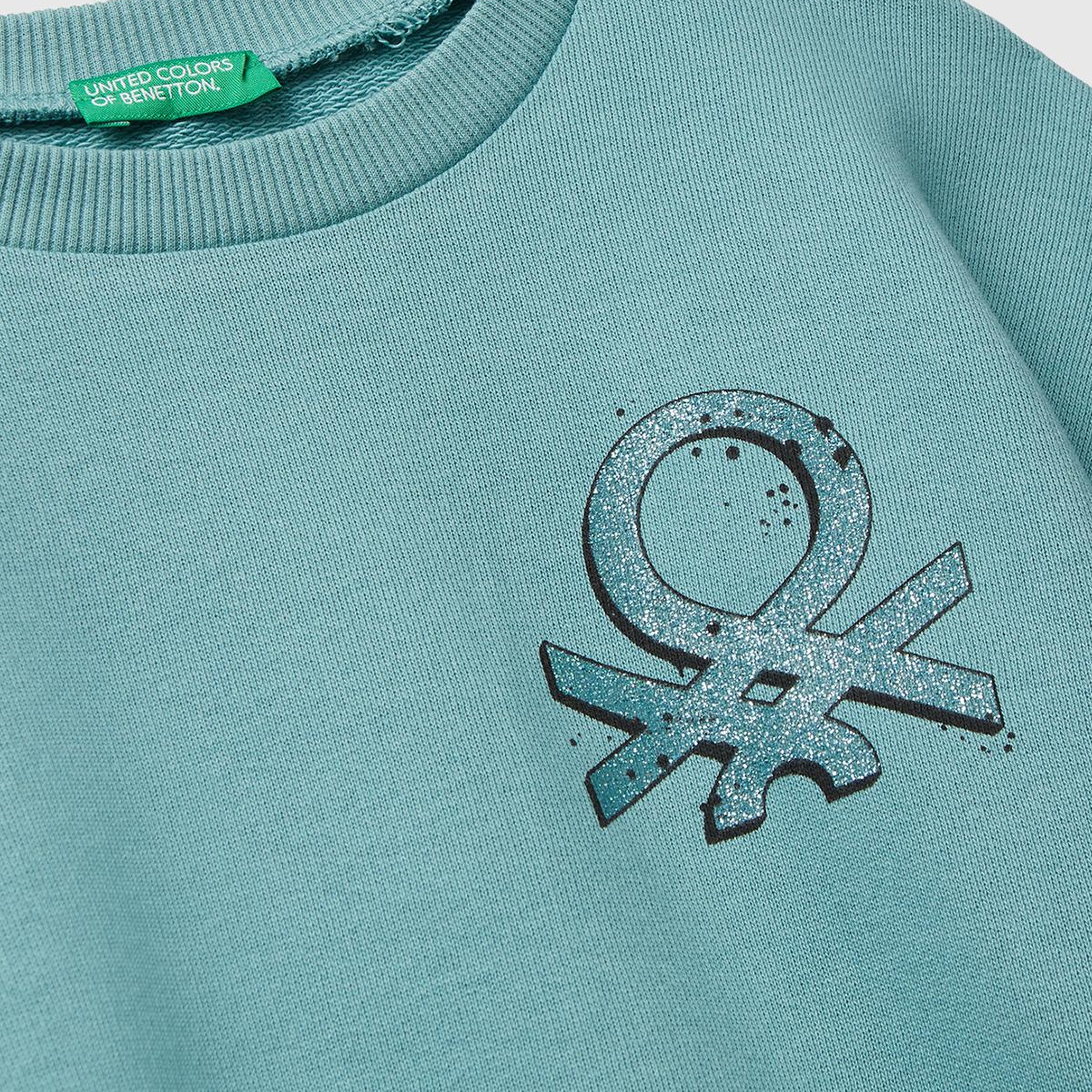 Kız Çocuk Gri-Yeşil Parıltılı Logo Baskılı Ribanalı Bisiklet Yaka Sweatshirt