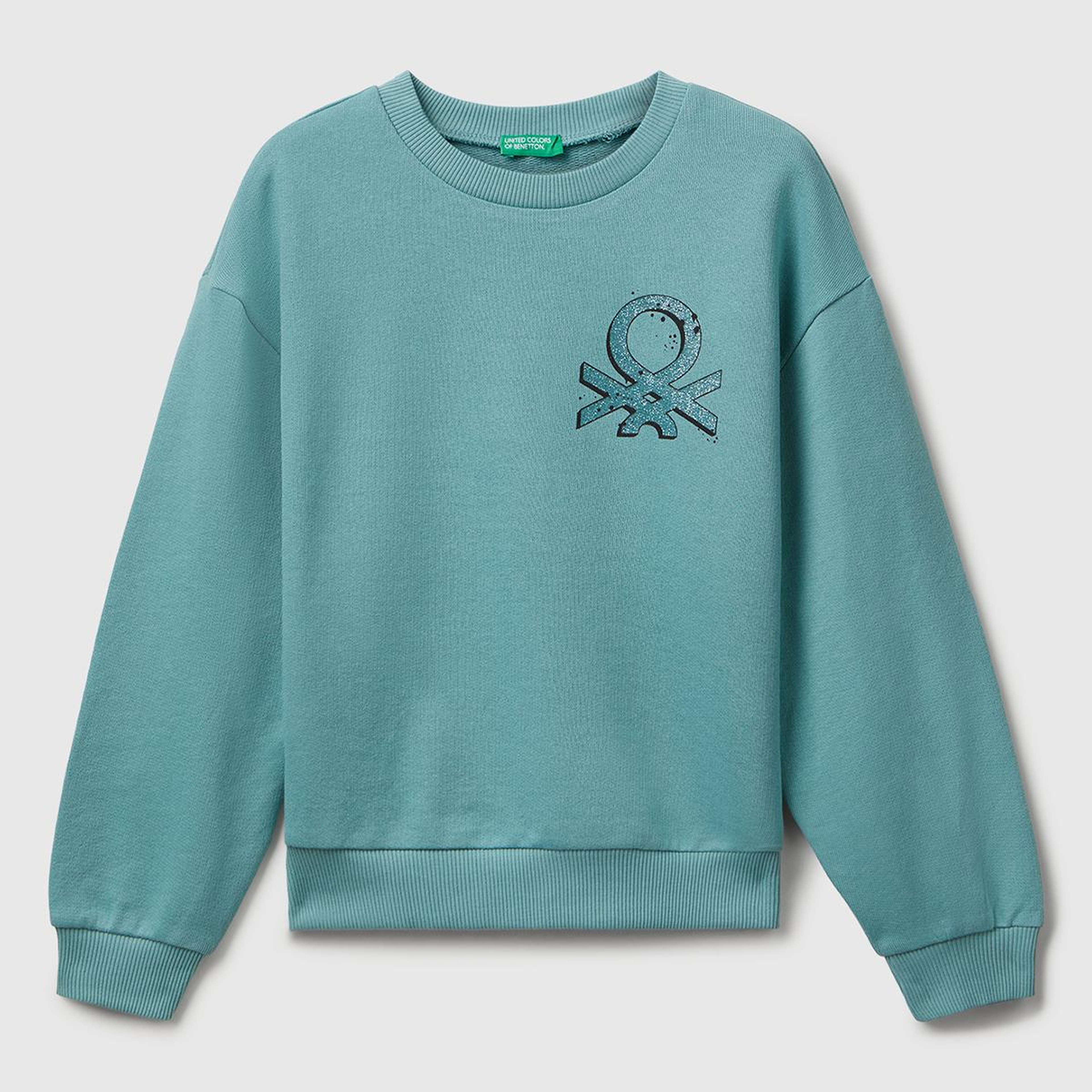 Kız Çocuk Gri-Yeşil Parıltılı Logo Baskılı Ribanalı Bisiklet Yaka Sweatshirt