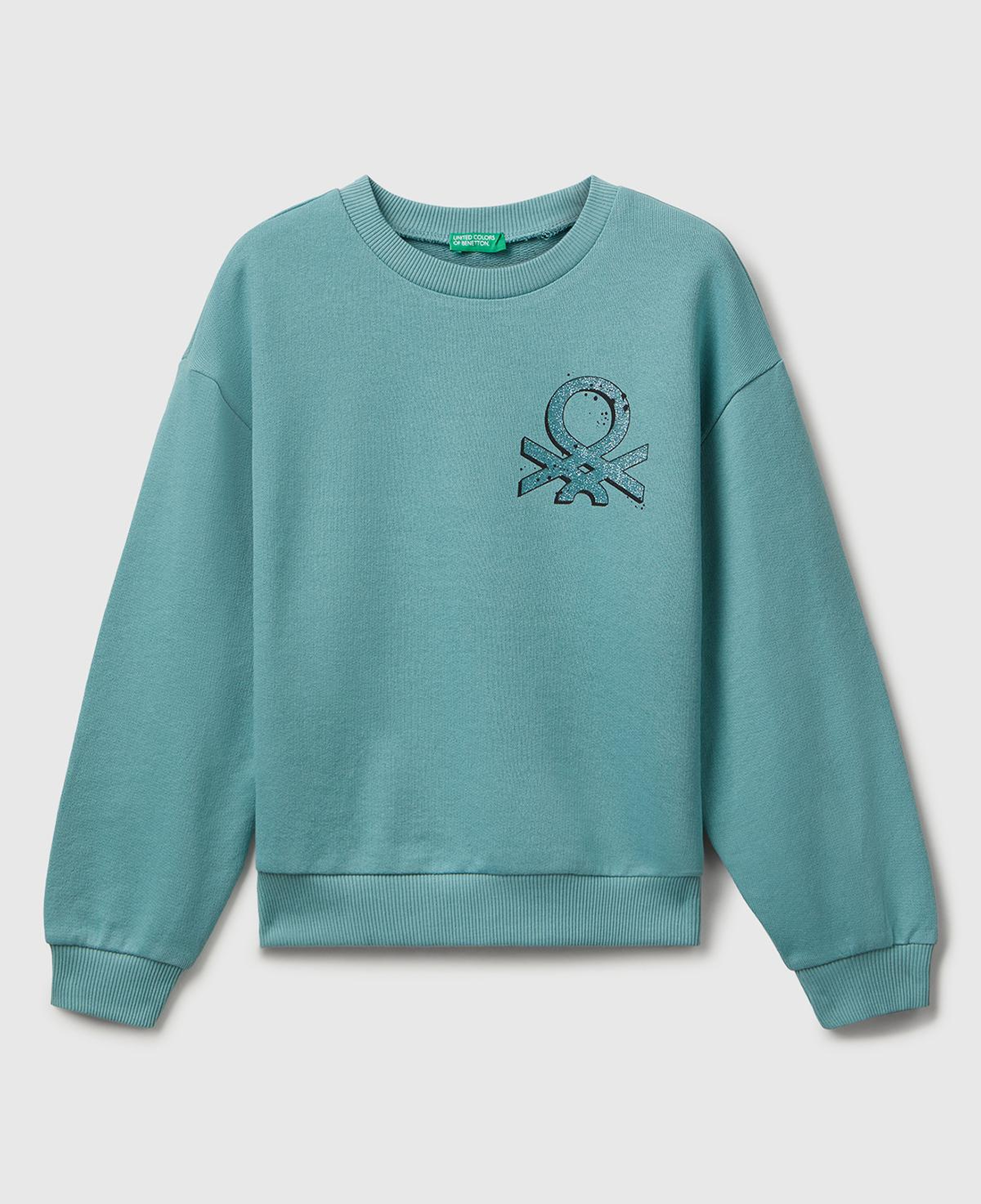 Kız Çocuk Gri-Yeşil Parıltılı Logo Baskılı Ribanalı Bisiklet Yaka Sweatshirt