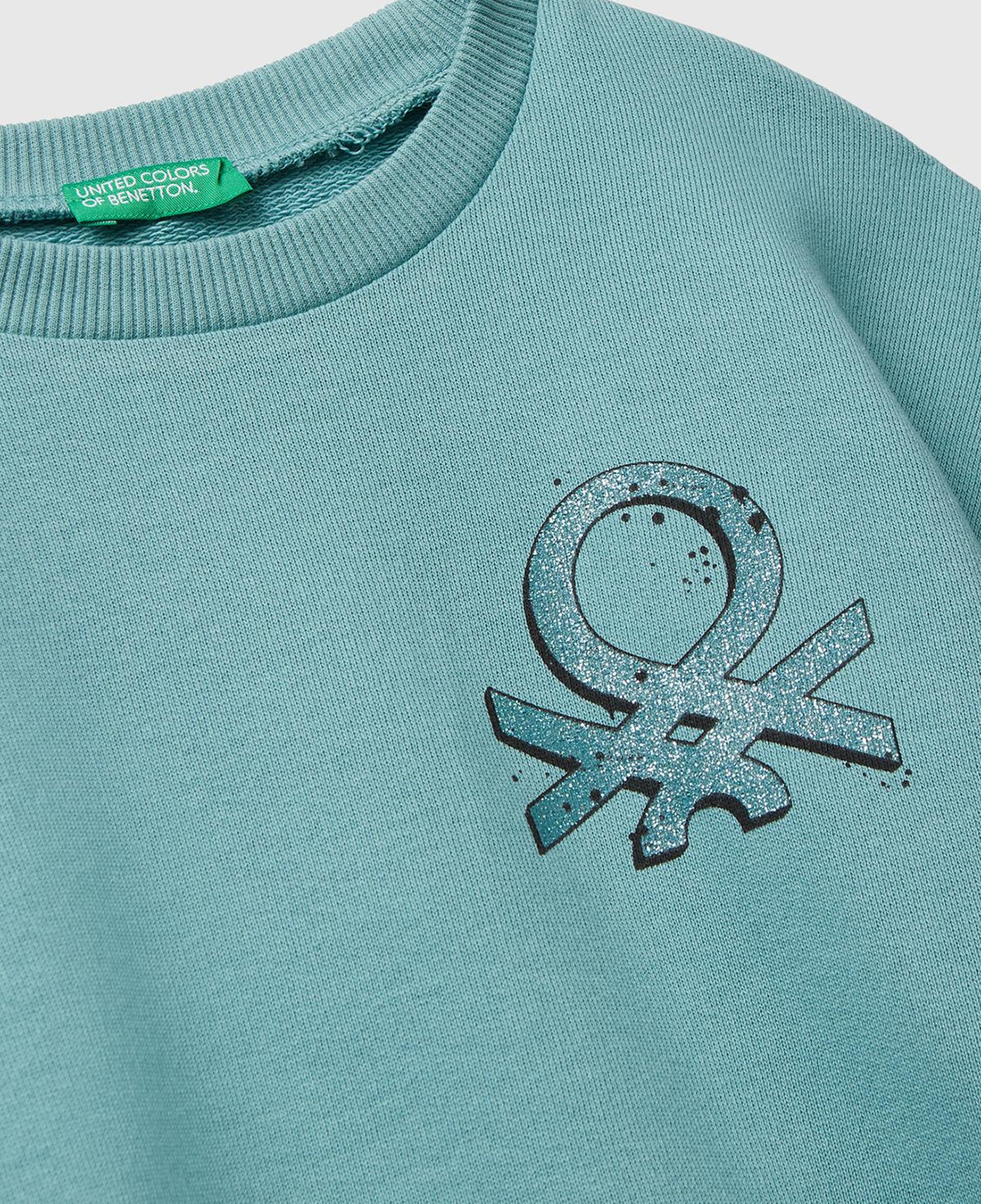 Kız Çocuk Gri-Yeşil Parıltılı Logo Baskılı Ribanalı Bisiklet Yaka Sweatshirt