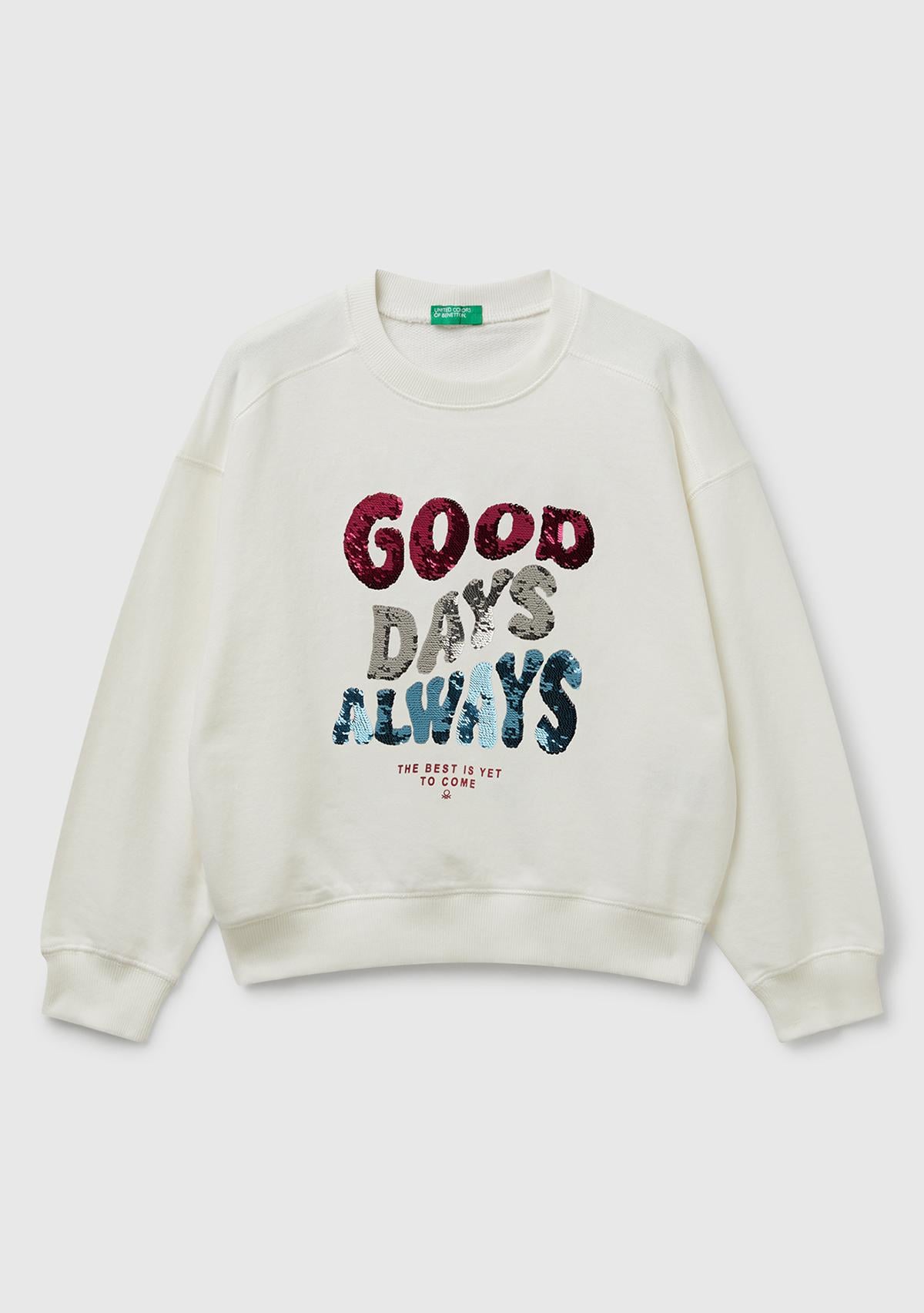 Kız Çocuk Ekru Önü Payetli Baskılı Ribanalı Relaxed Fit Sweatshirt