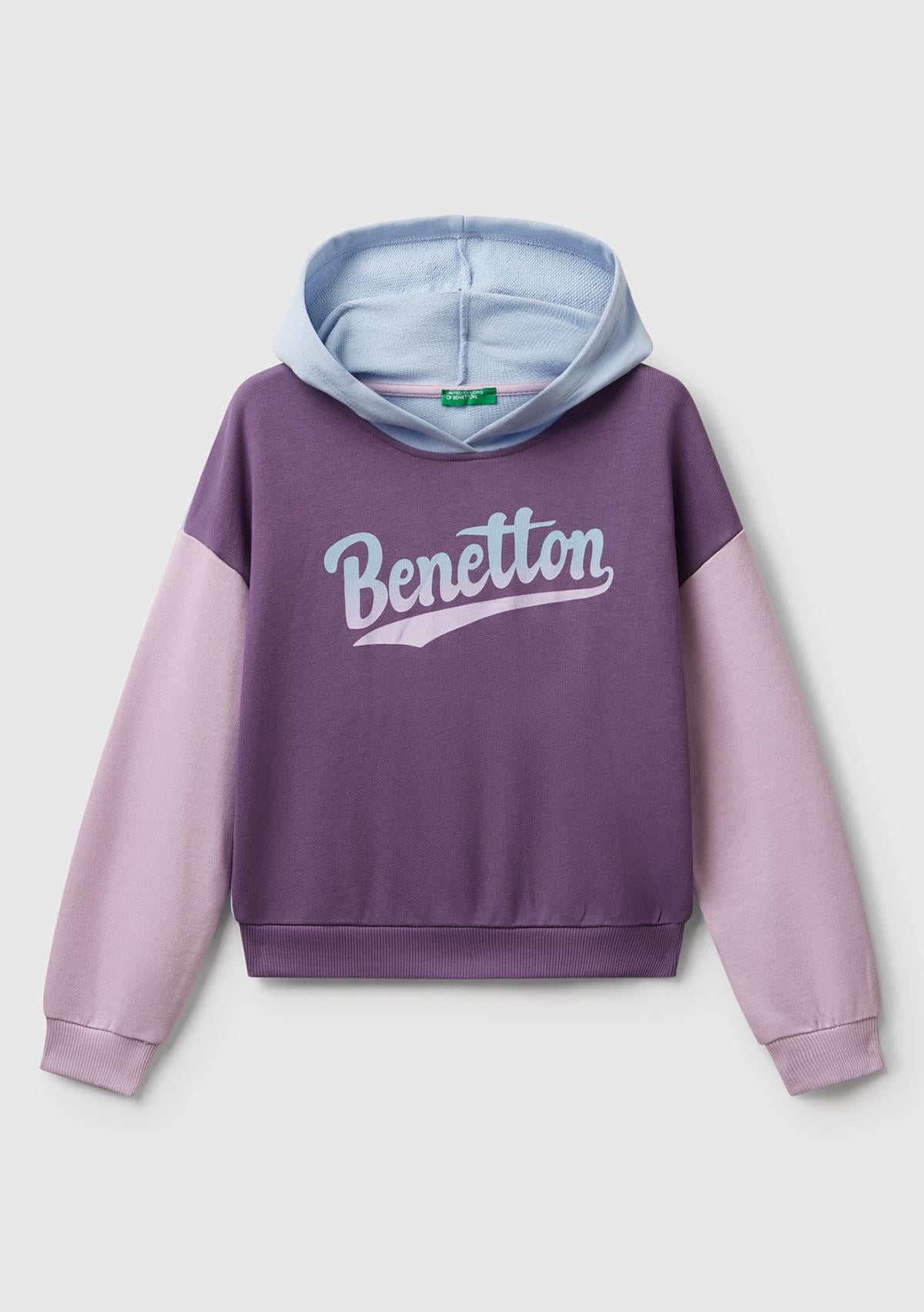 Kız Çocuk Mor-Mavi Önü Logo Baskılı Ribanalı Kapüşonlu Sweatshirt