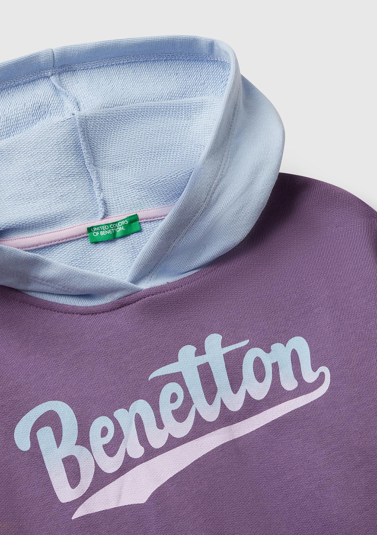 Kız Çocuk Mor-Mavi Önü Logo Baskılı Ribanalı Kapüşonlu Sweatshirt