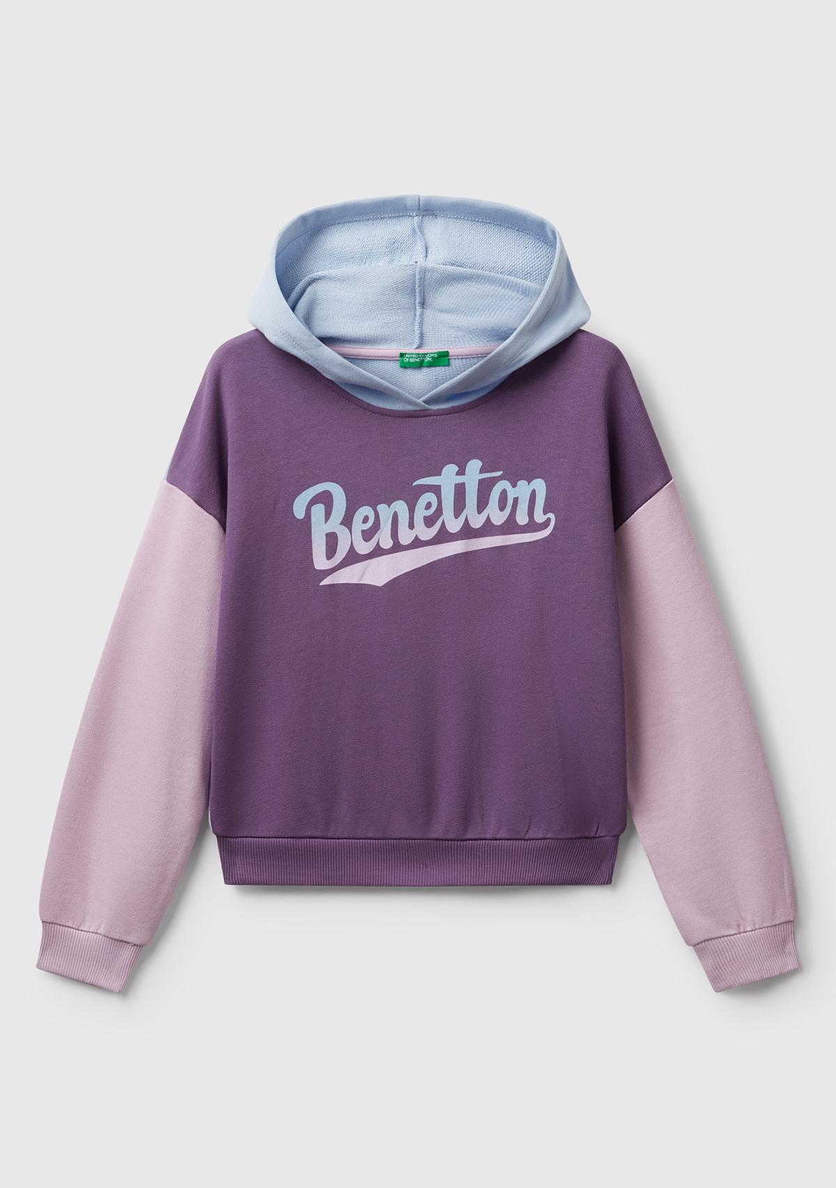 Kız Çocuk Mor-Mavi Önü Logo Baskılı Ribanalı Kapüşonlu Sweatshirt