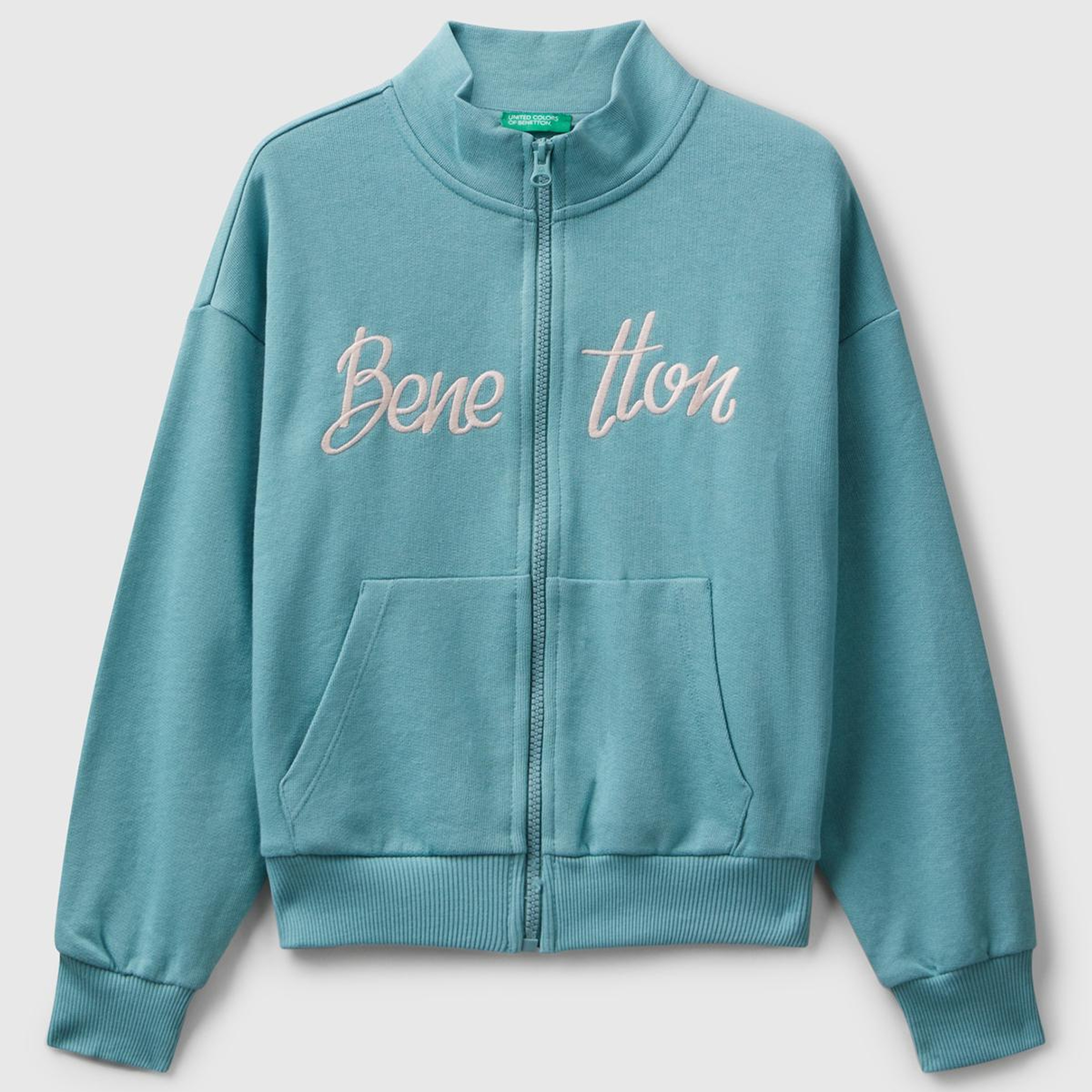 Kız Çocuk Su Yeşili Önü Logo Nakışlı Cepli Fermuarlı Dik Yaka Sweatshirt