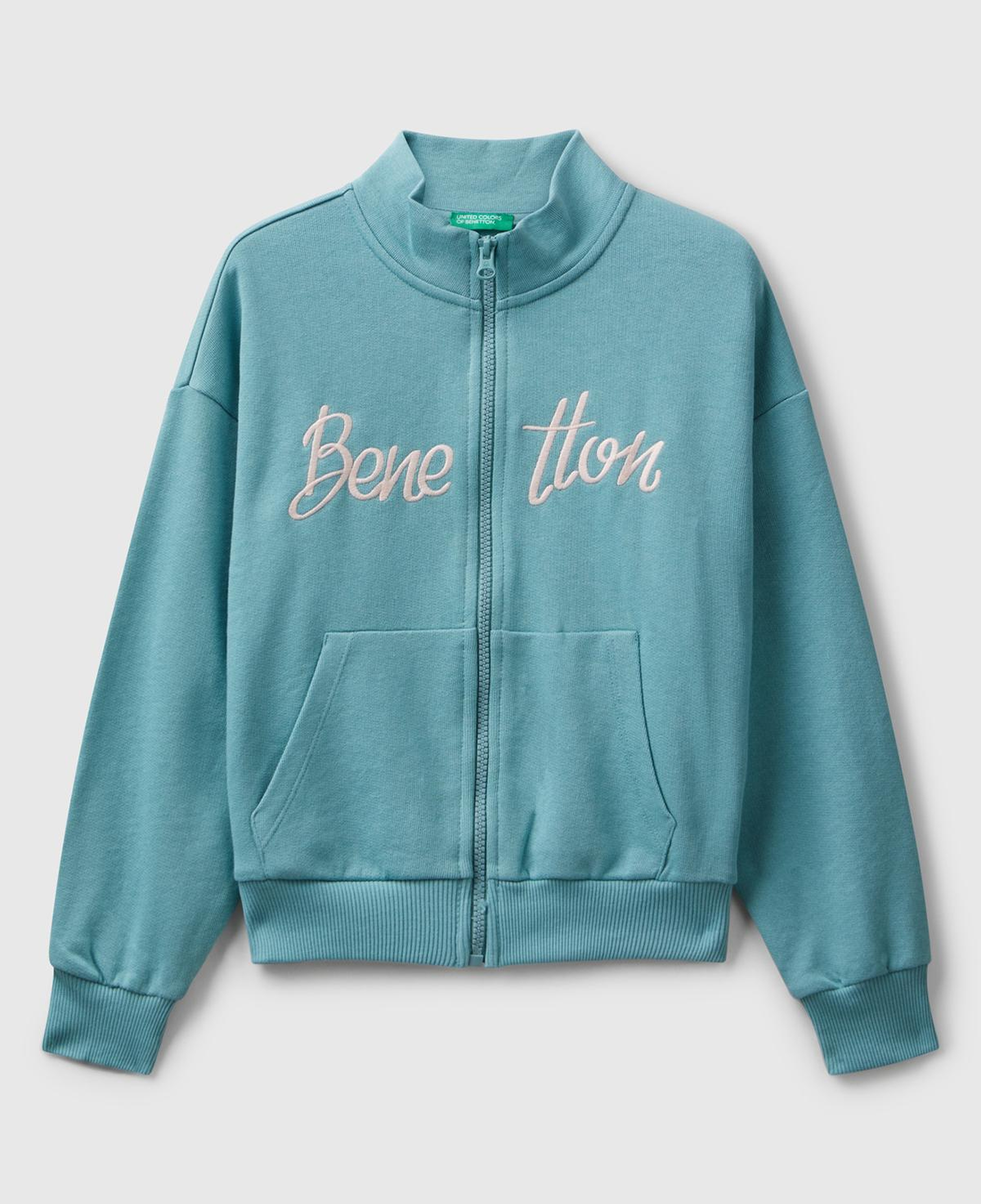 Kız Çocuk Su Yeşili Önü Logo Nakışlı Cepli Fermuarlı Dik Yaka Sweatshirt