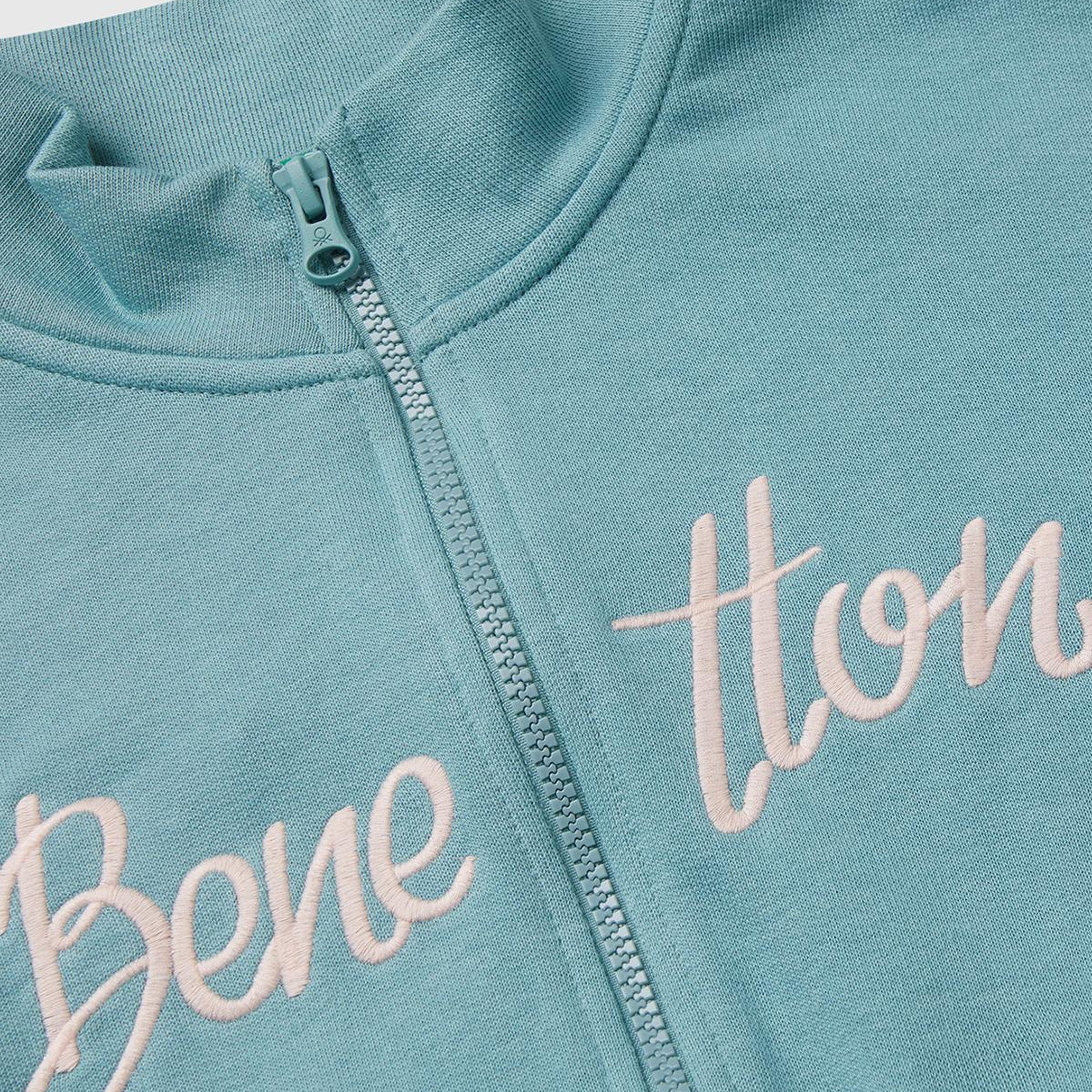 Kız Çocuk Su Yeşili Önü Logo Nakışlı Cepli Fermuarlı Dik Yaka Sweatshirt