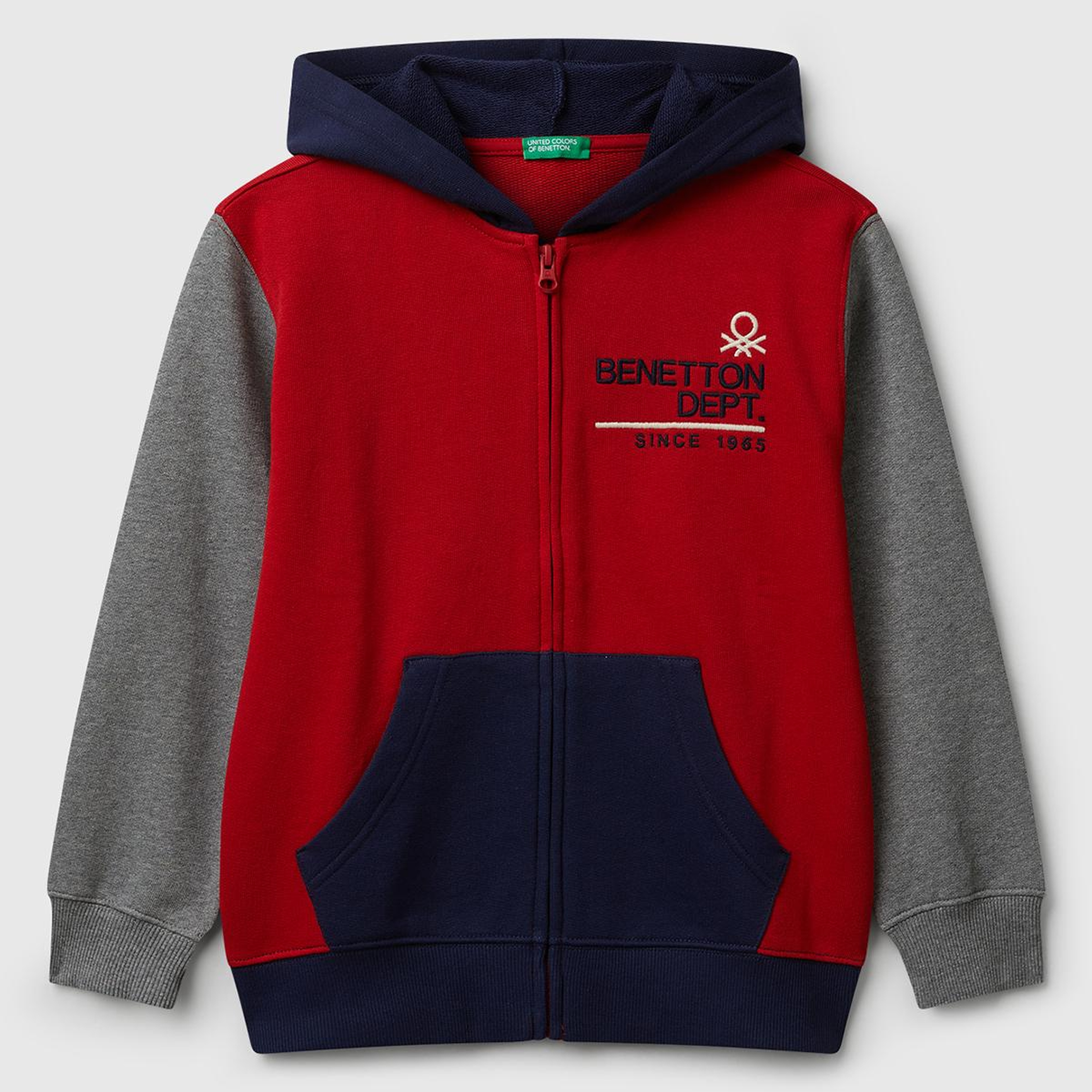 Erkek Çocuk Kırmızı-Gri Önü Logo Detaylı Fermuarlı Kapüşonlu Sweatshirt