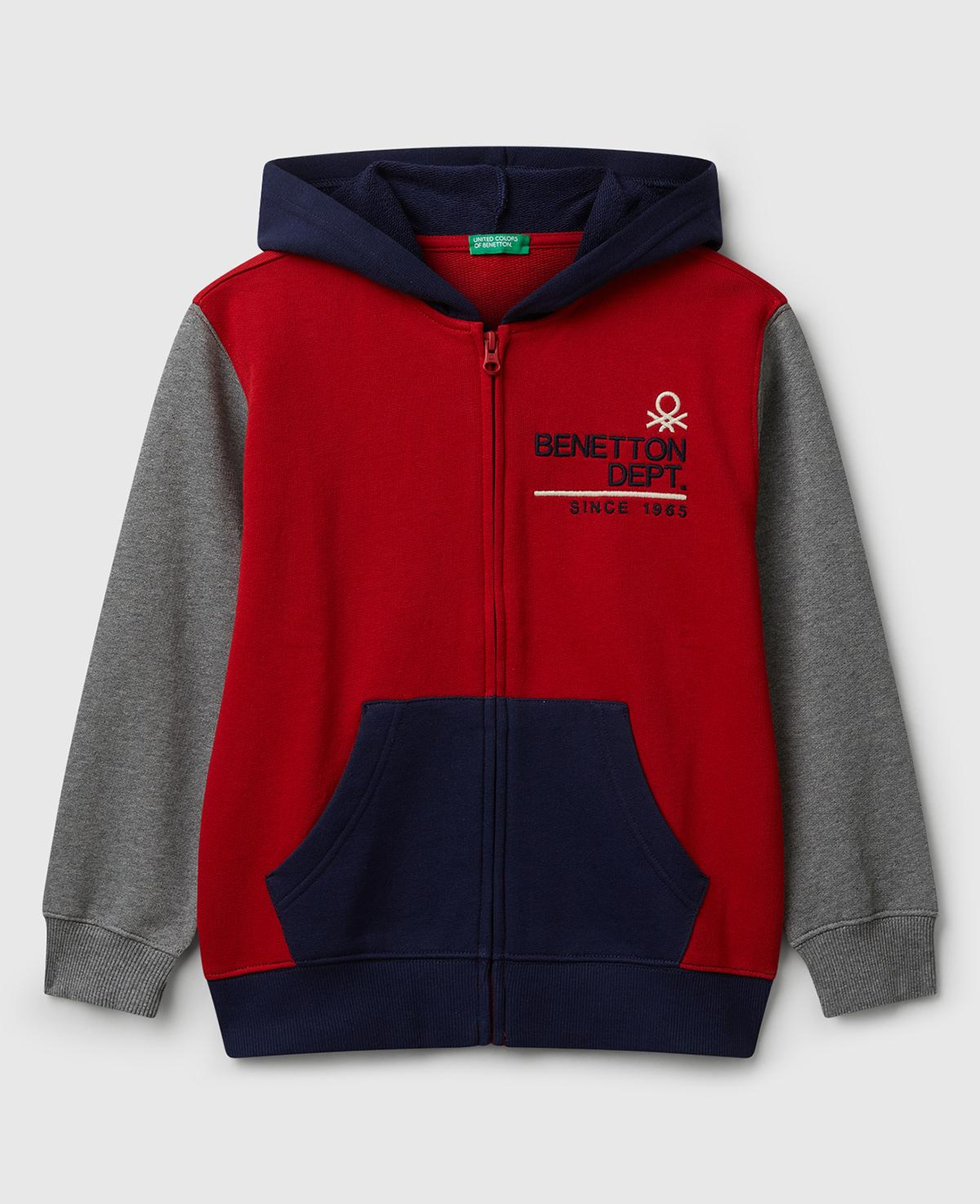 Erkek Çocuk Kırmızı-Gri Önü Logo Detaylı Fermuarlı Kapüşonlu Sweatshirt