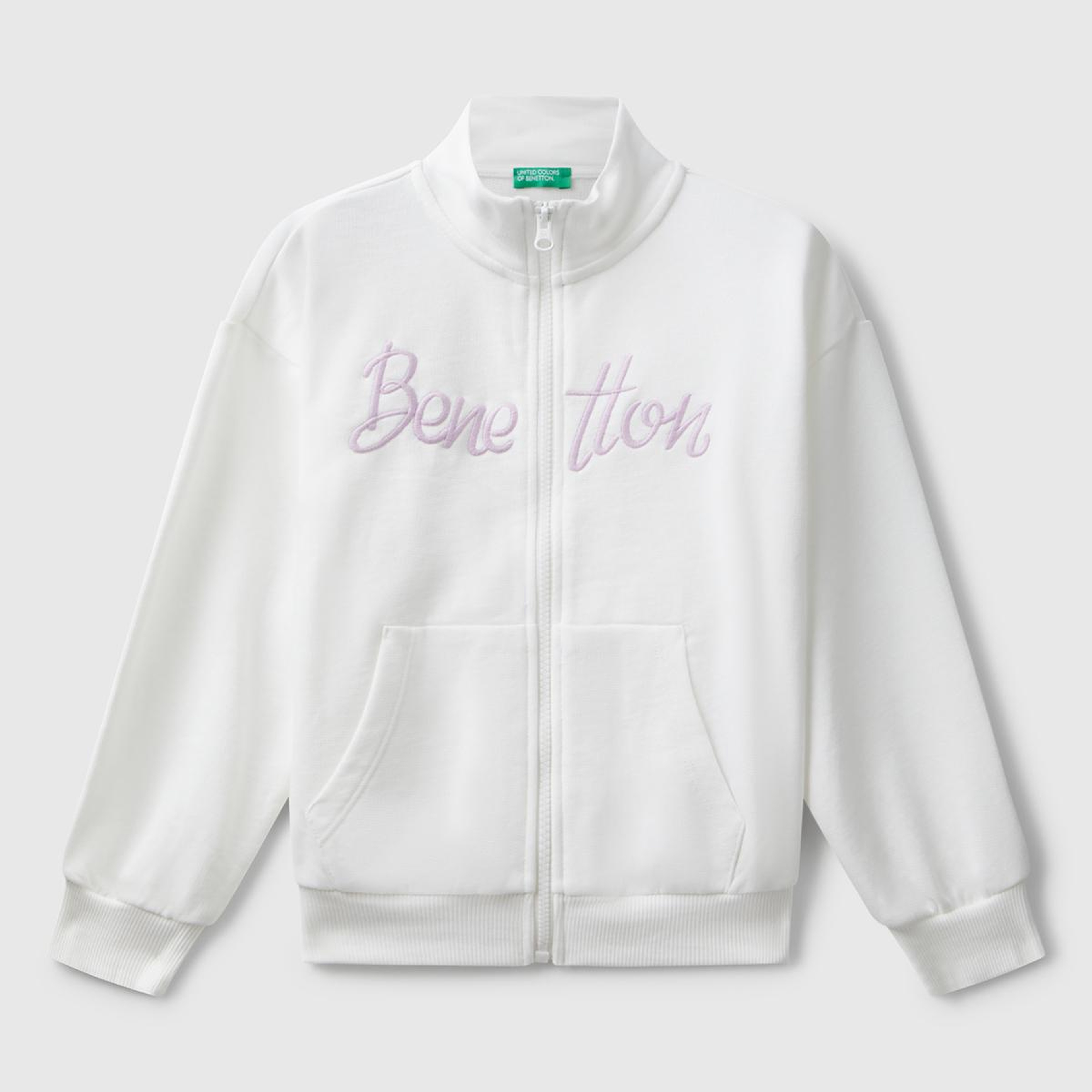 Kız Çocuk Ekru Önü Logo Nakışlı Cepli Fermuarlı Dik Yaka Sweatshirt
