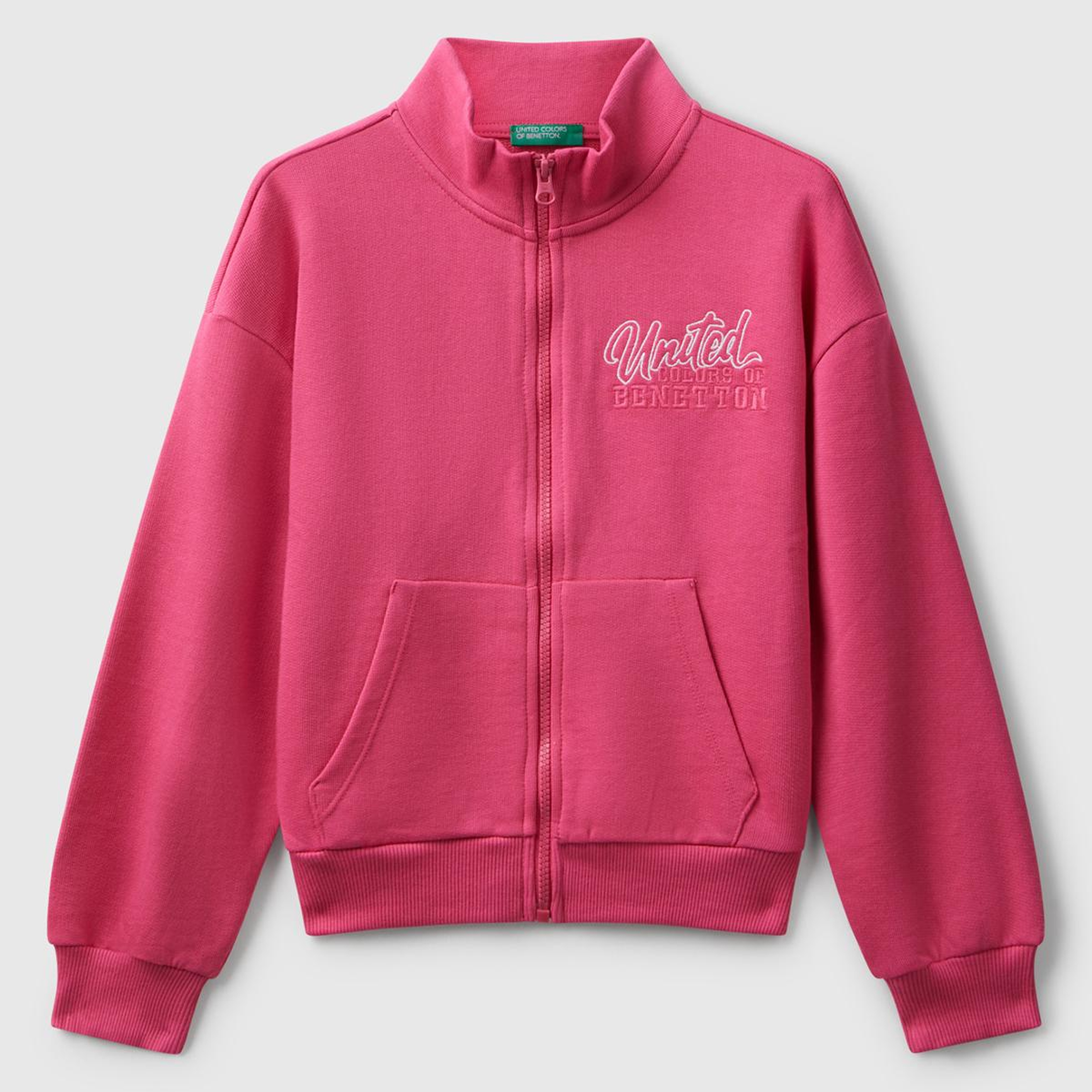 Kız Çocuk Pembe Önü Logo Nakışlı Cepli Fermuarlı Dik Yaka Sweatshirt