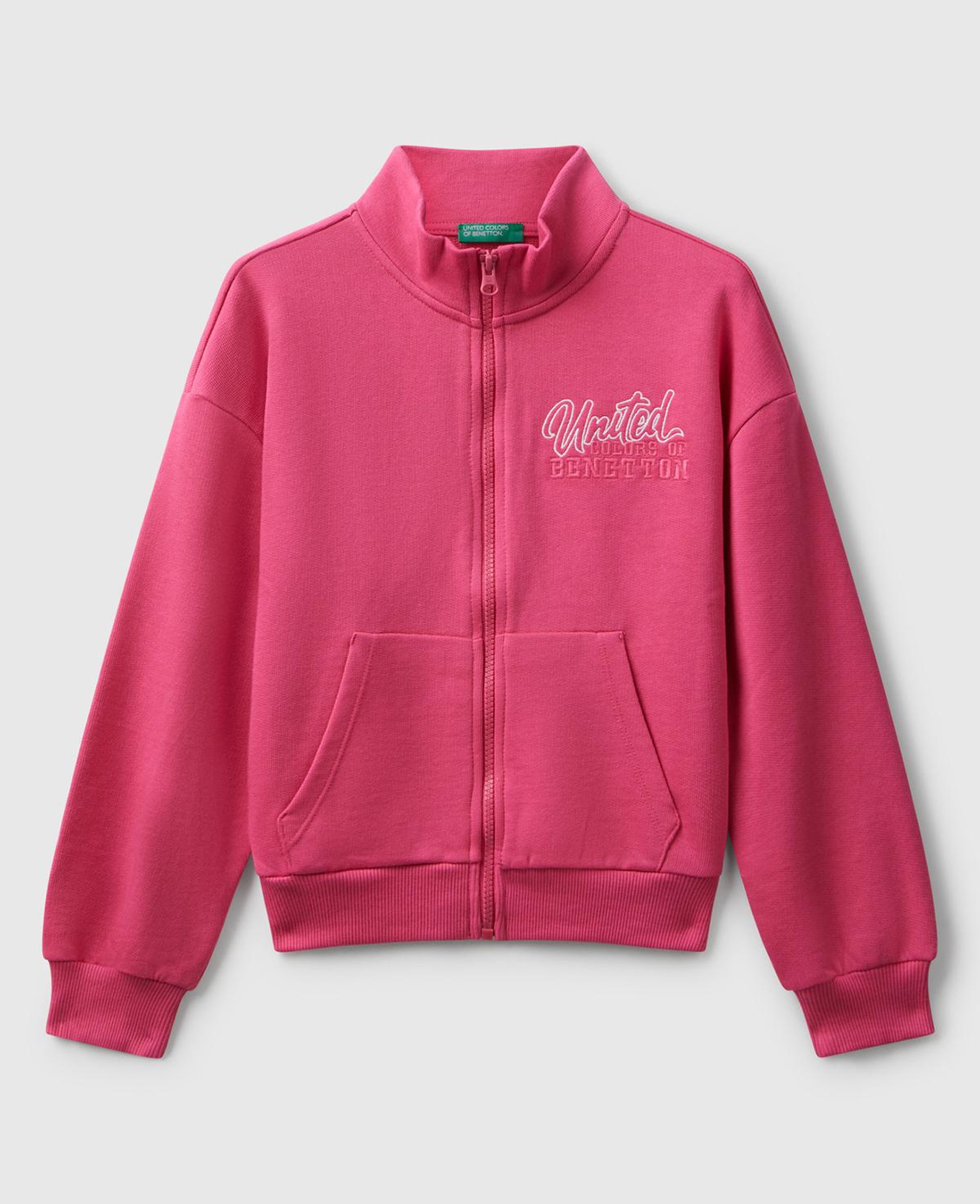 Kız Çocuk Pembe Önü Logo Nakışlı Cepli Fermuarlı Dik Yaka Sweatshirt