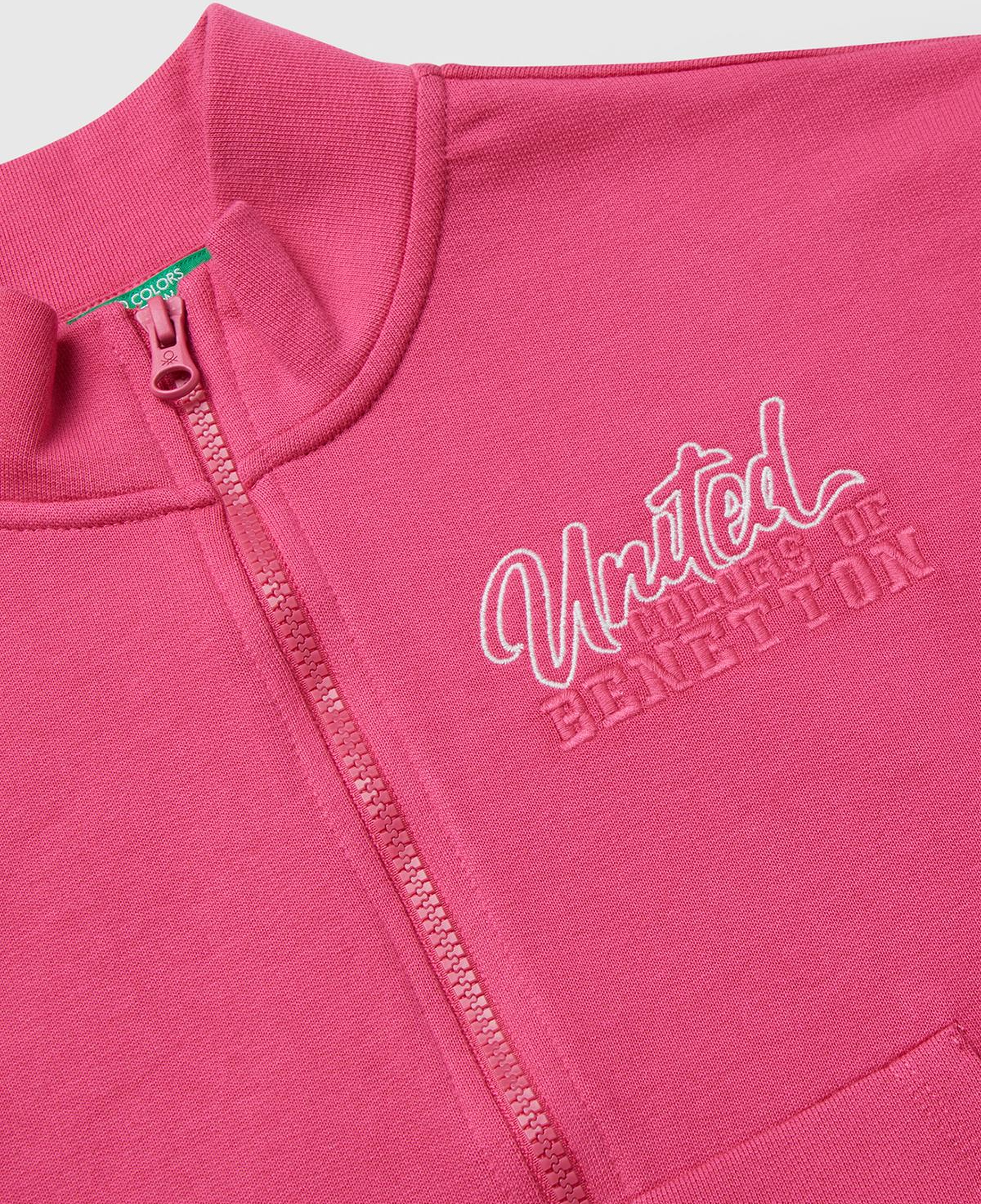Kız Çocuk Pembe Önü Logo Nakışlı Cepli Fermuarlı Dik Yaka Sweatshirt