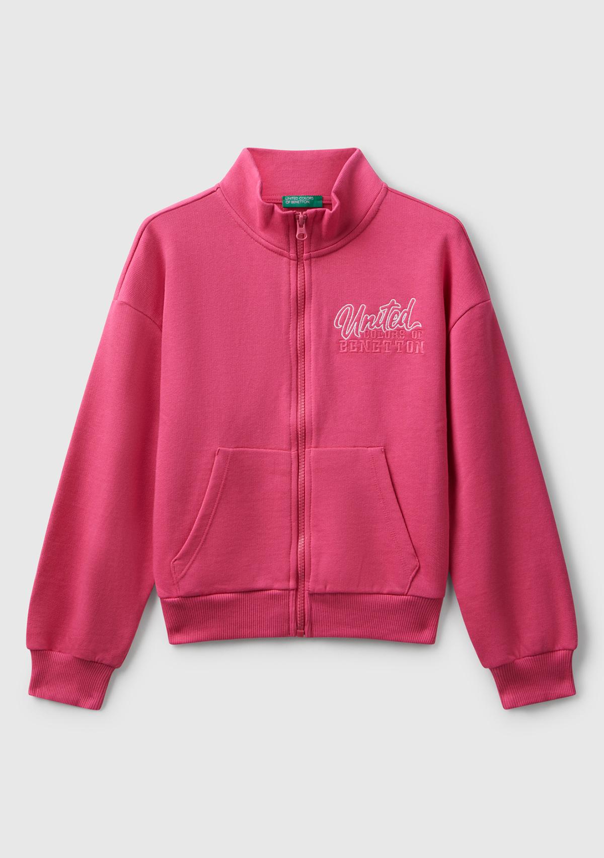 Kız Çocuk Pembe Önü Logo Nakışlı Cepli Fermuarlı Dik Yaka Sweatshirt