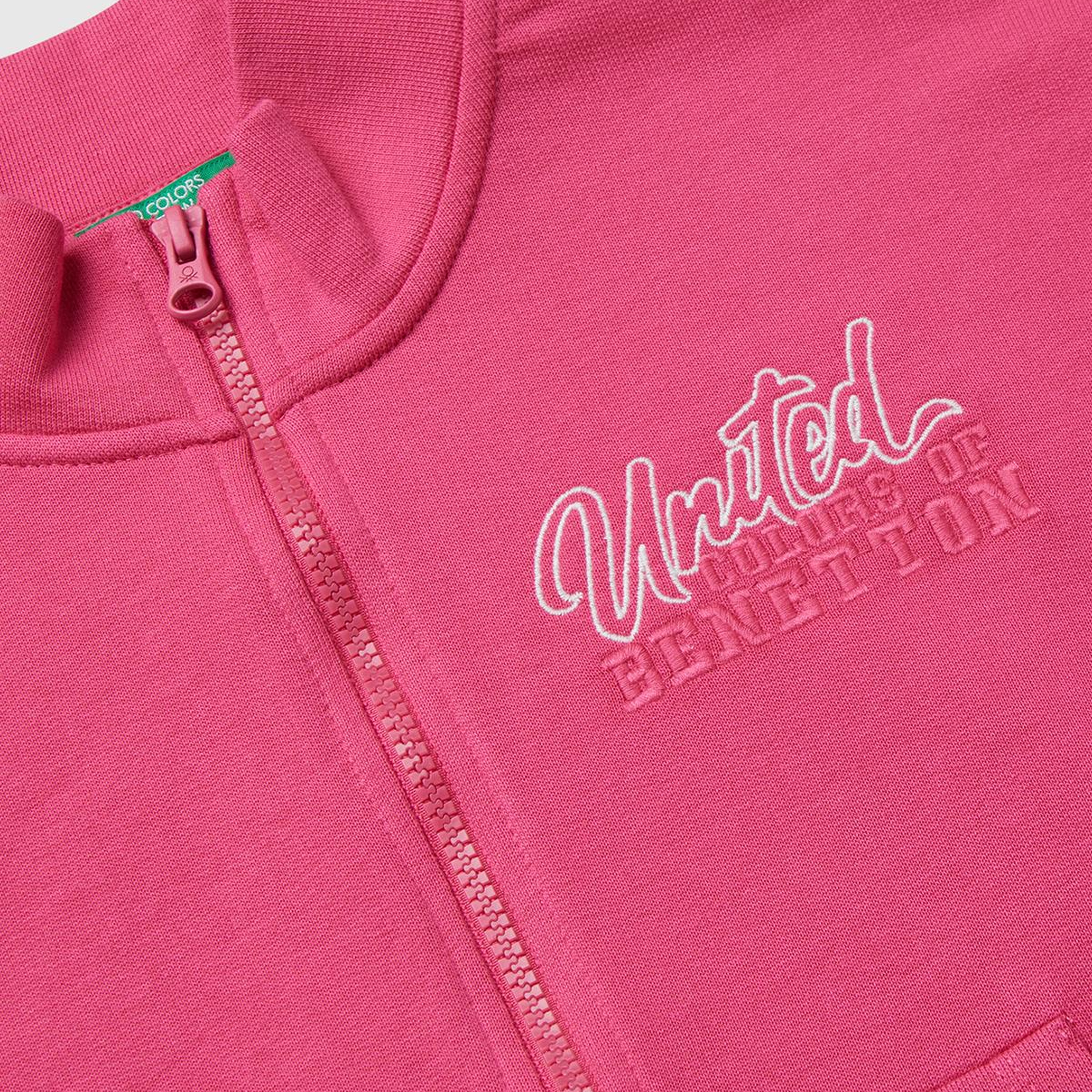 Kız Çocuk Pembe Önü Logo Nakışlı Cepli Fermuarlı Dik Yaka Sweatshirt