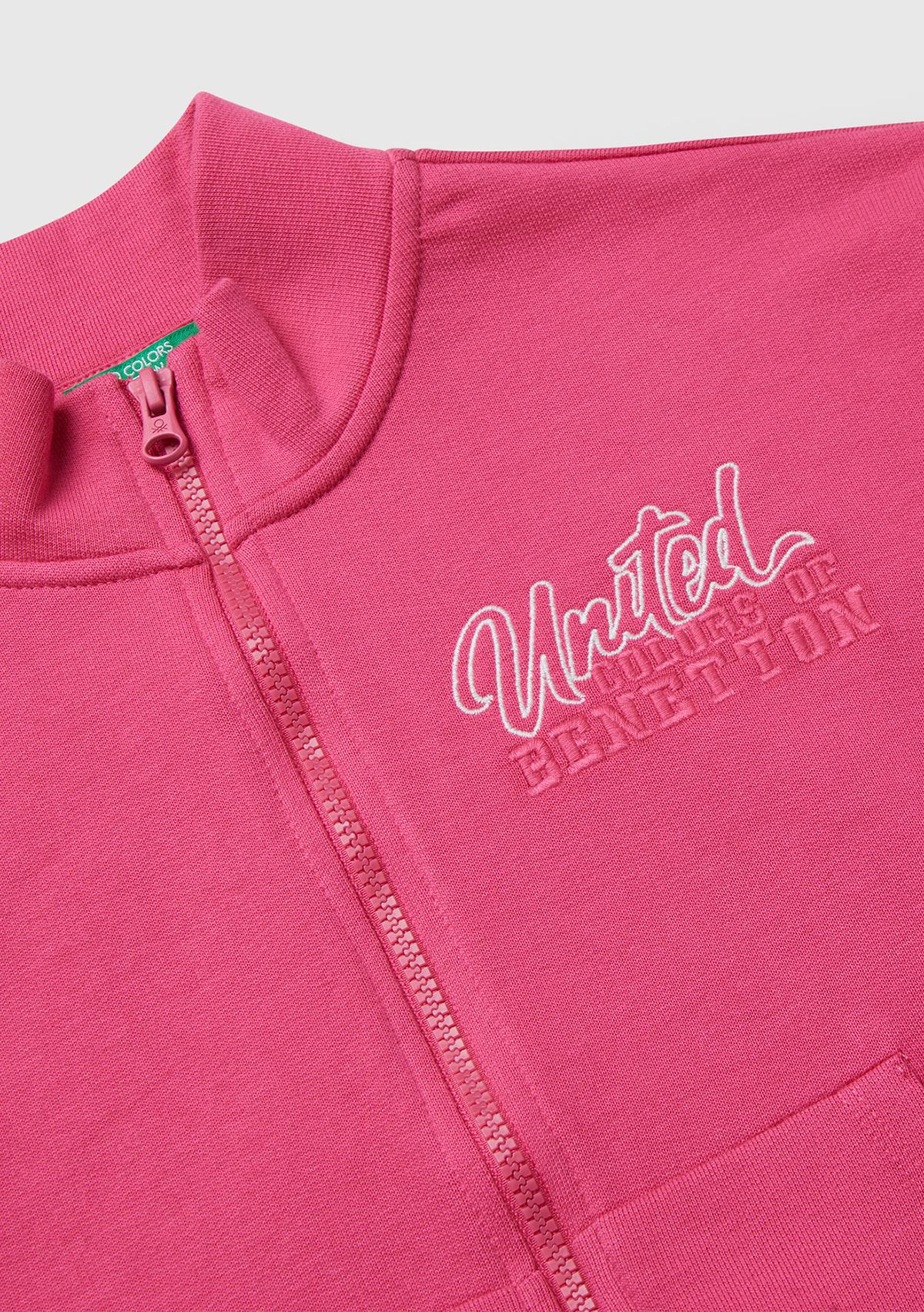 Kız Çocuk Pembe Önü Logo Nakışlı Cepli Fermuarlı Dik Yaka Sweatshirt