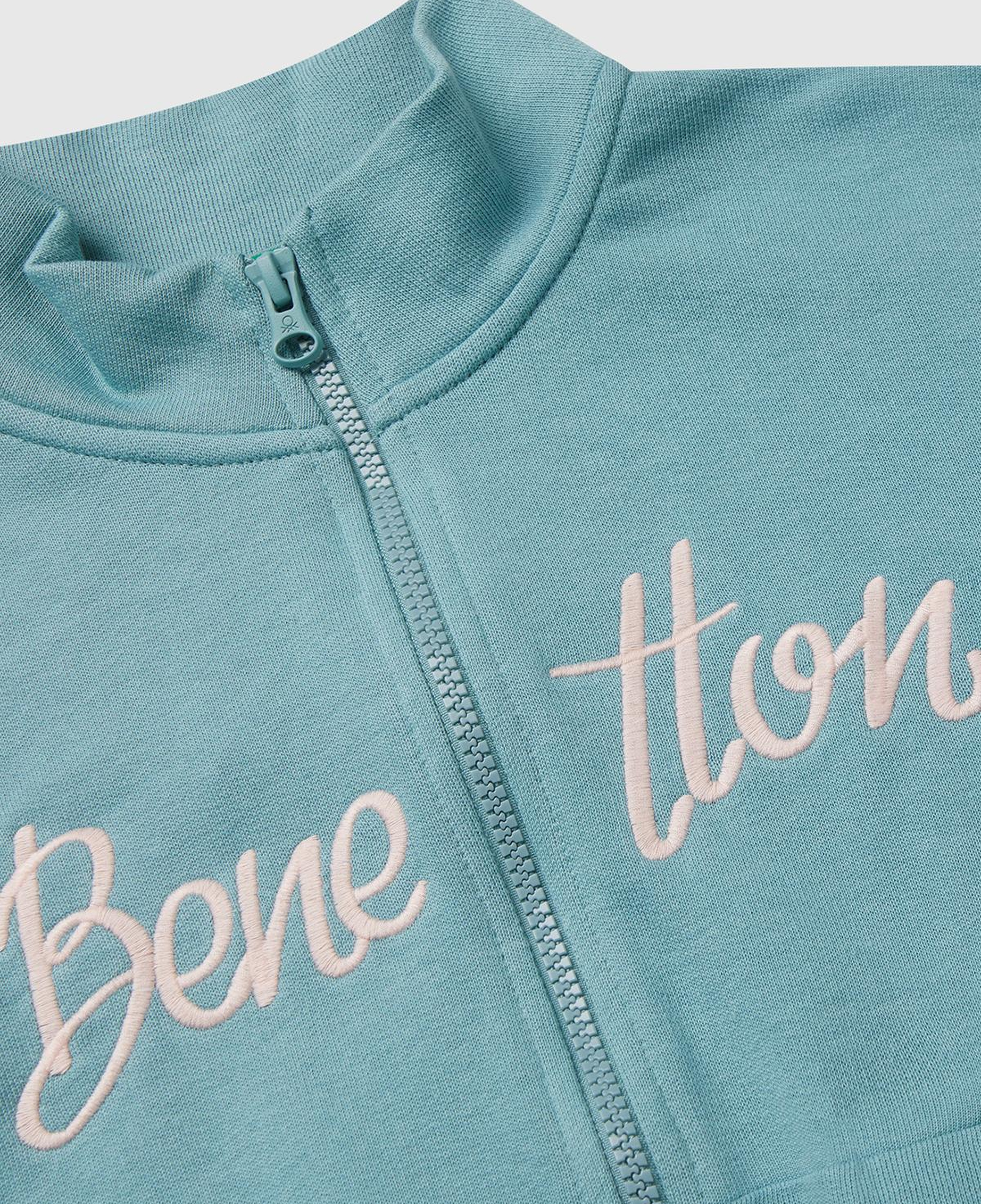 Kız Çocuk Su Yeşili Önü Logo Nakışlı Cepli Fermuarlı Dik Yaka Sweatshirt