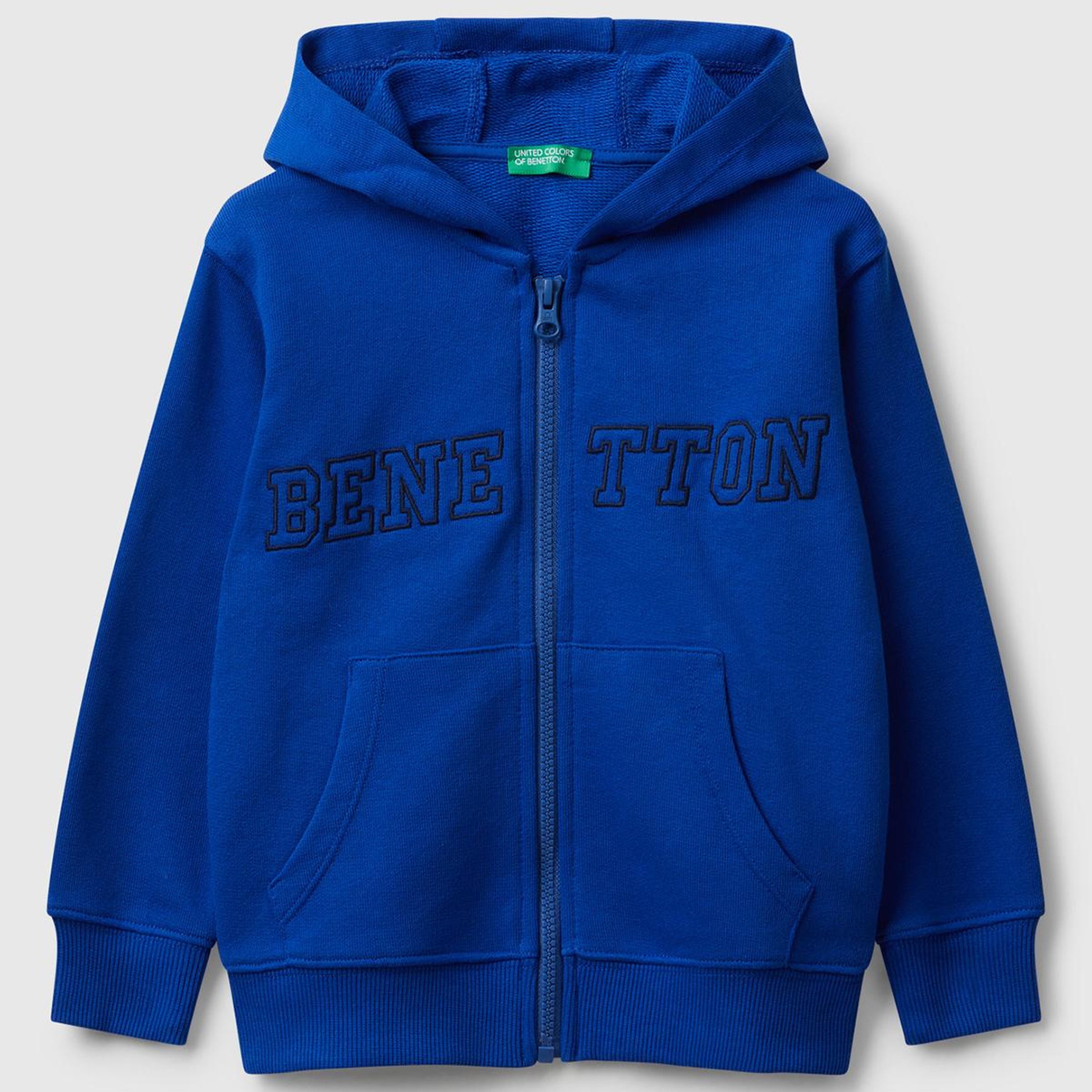 Erkek Çocuk Saks Mavisi Önü Logo Baskılı Fermuarlı Kapüşonlu Sweatshirt