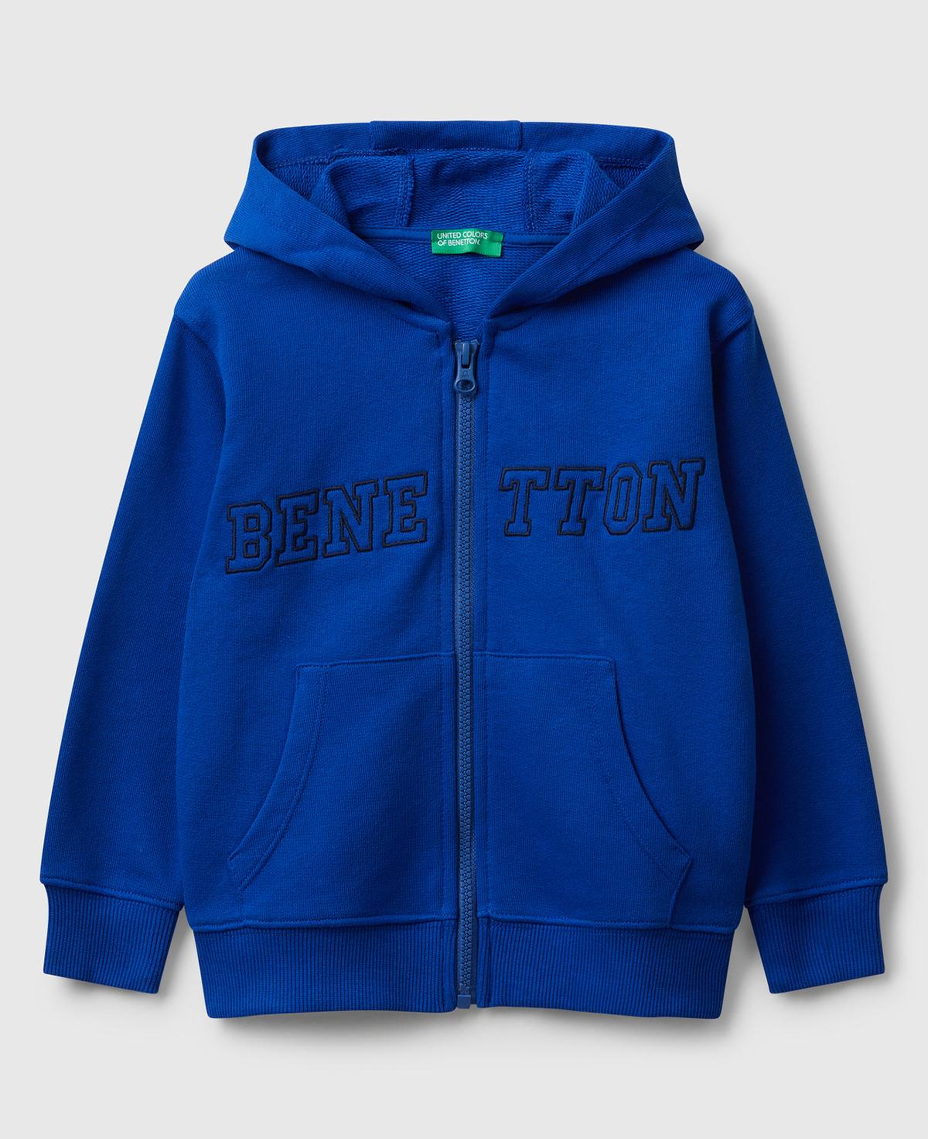 Erkek Çocuk Saks Mavisi Önü Logo Baskılı Fermuarlı Kapüşonlu Sweatshirt