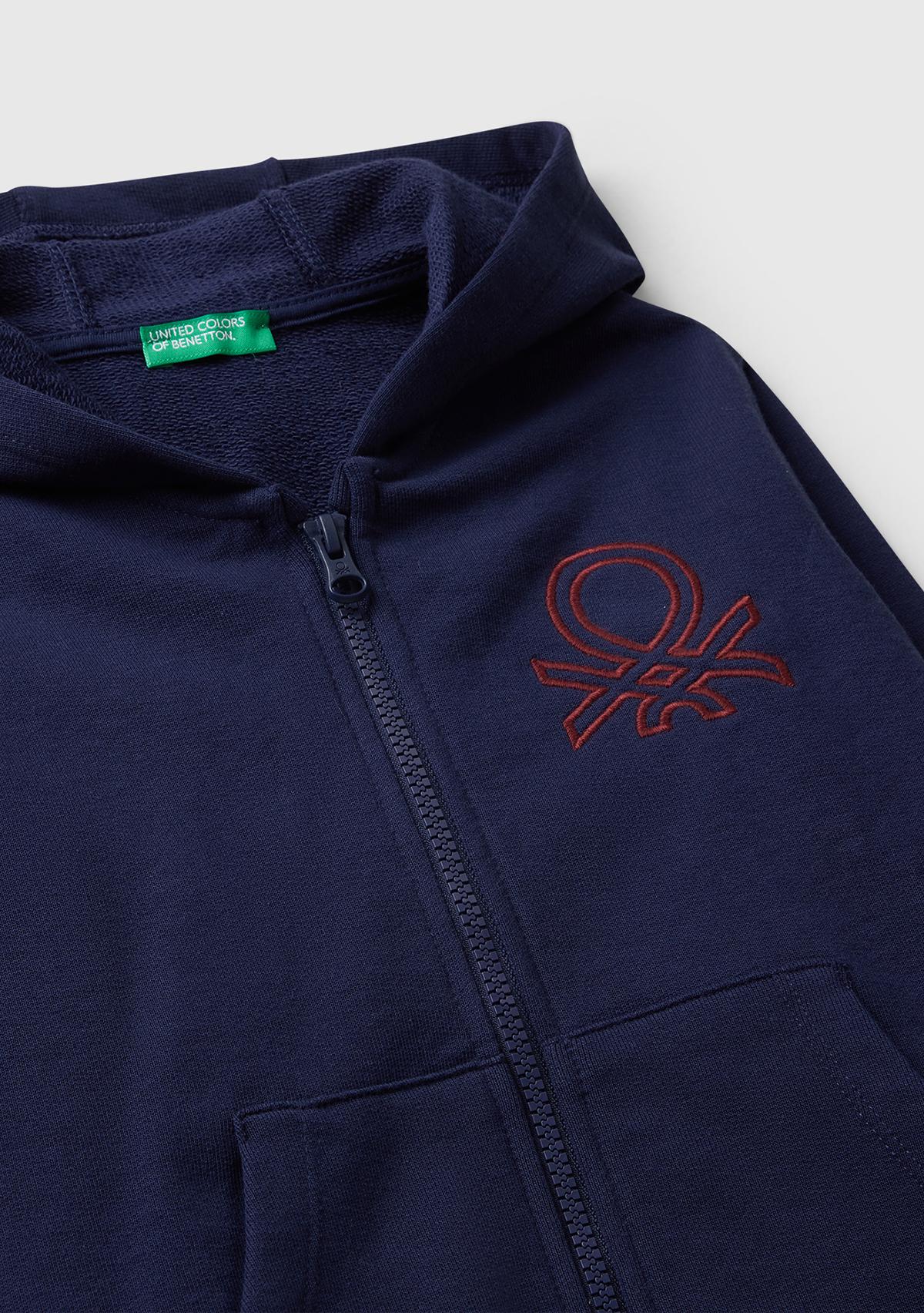 Erkek Çocuk Lacivert Önü Logo Baskılı Fermuarlı Kapüşonlu Sweatshirt