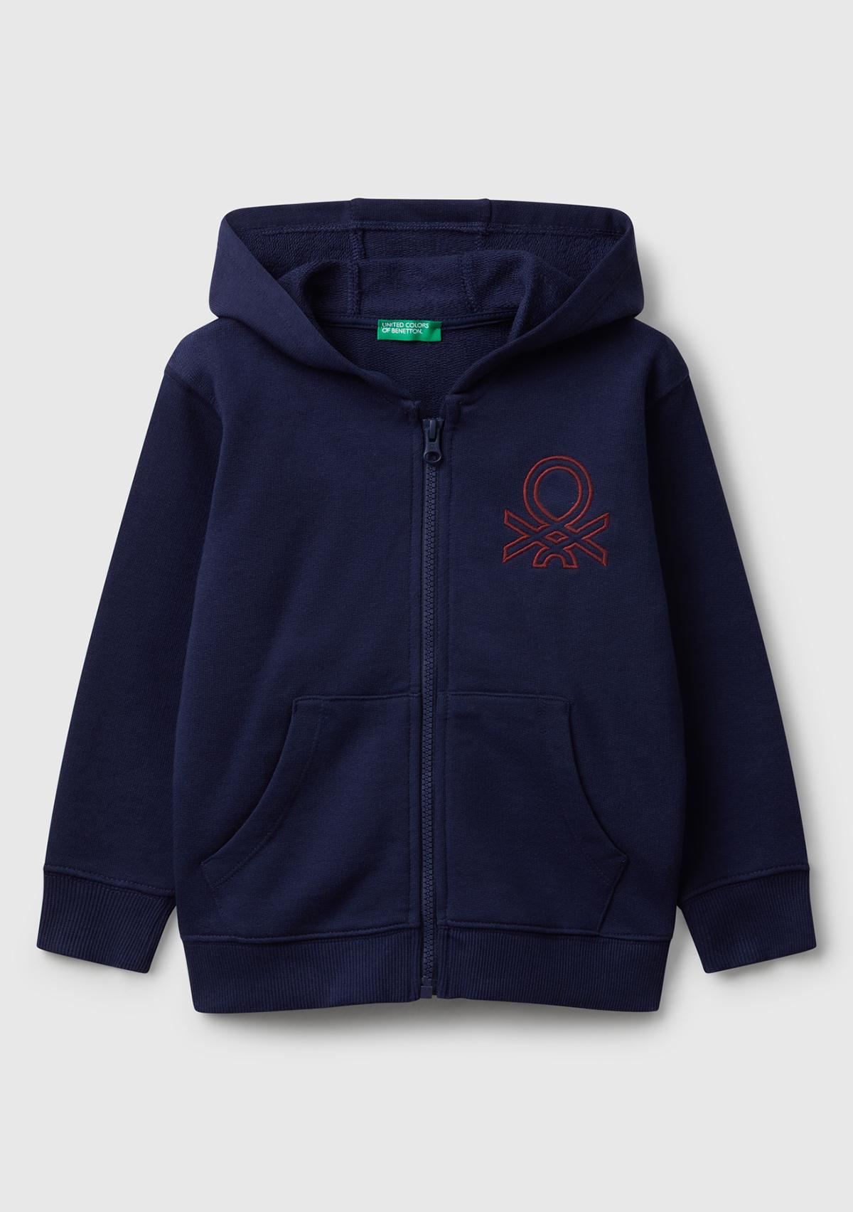 Erkek Çocuk Lacivert Önü Logo Baskılı Fermuarlı Kapüşonlu Sweatshirt
