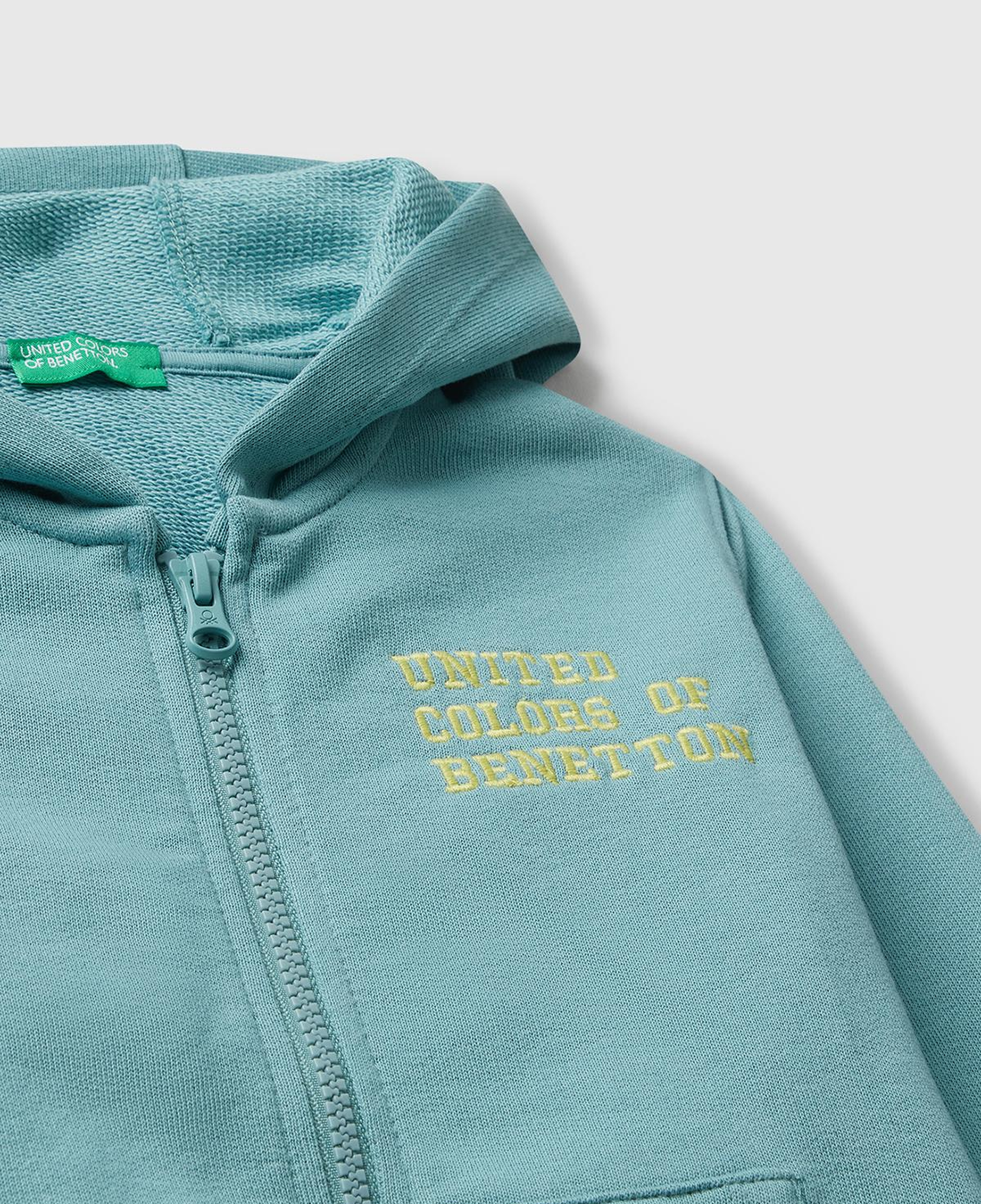 Erkek Çocuk Gri-Yeşil Önü Logo Baskılı Fermuarlı Kapüşonlu Sweatshirt