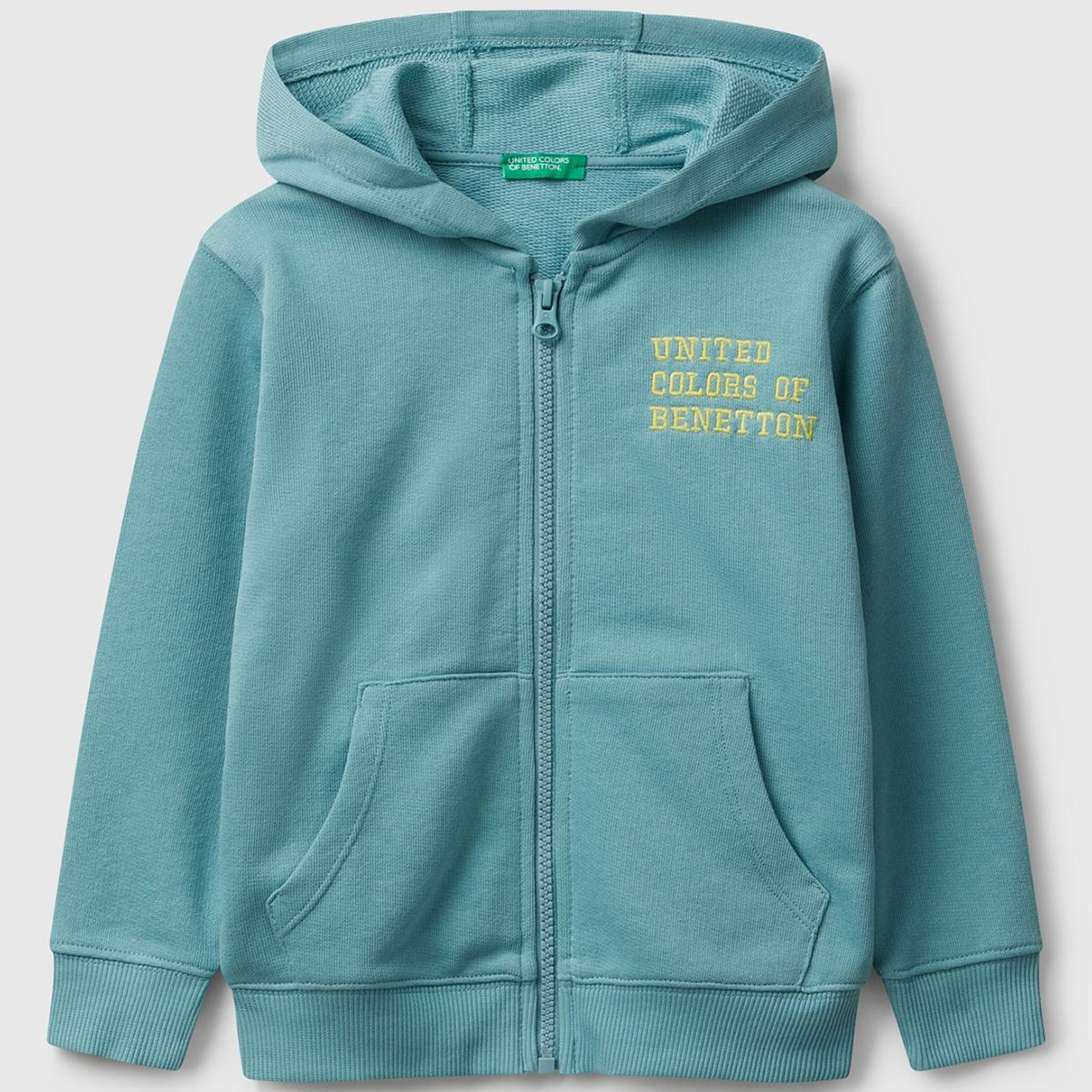 Erkek Çocuk Gri-Yeşil Önü Logo Baskılı Fermuarlı Kapüşonlu Sweatshirt