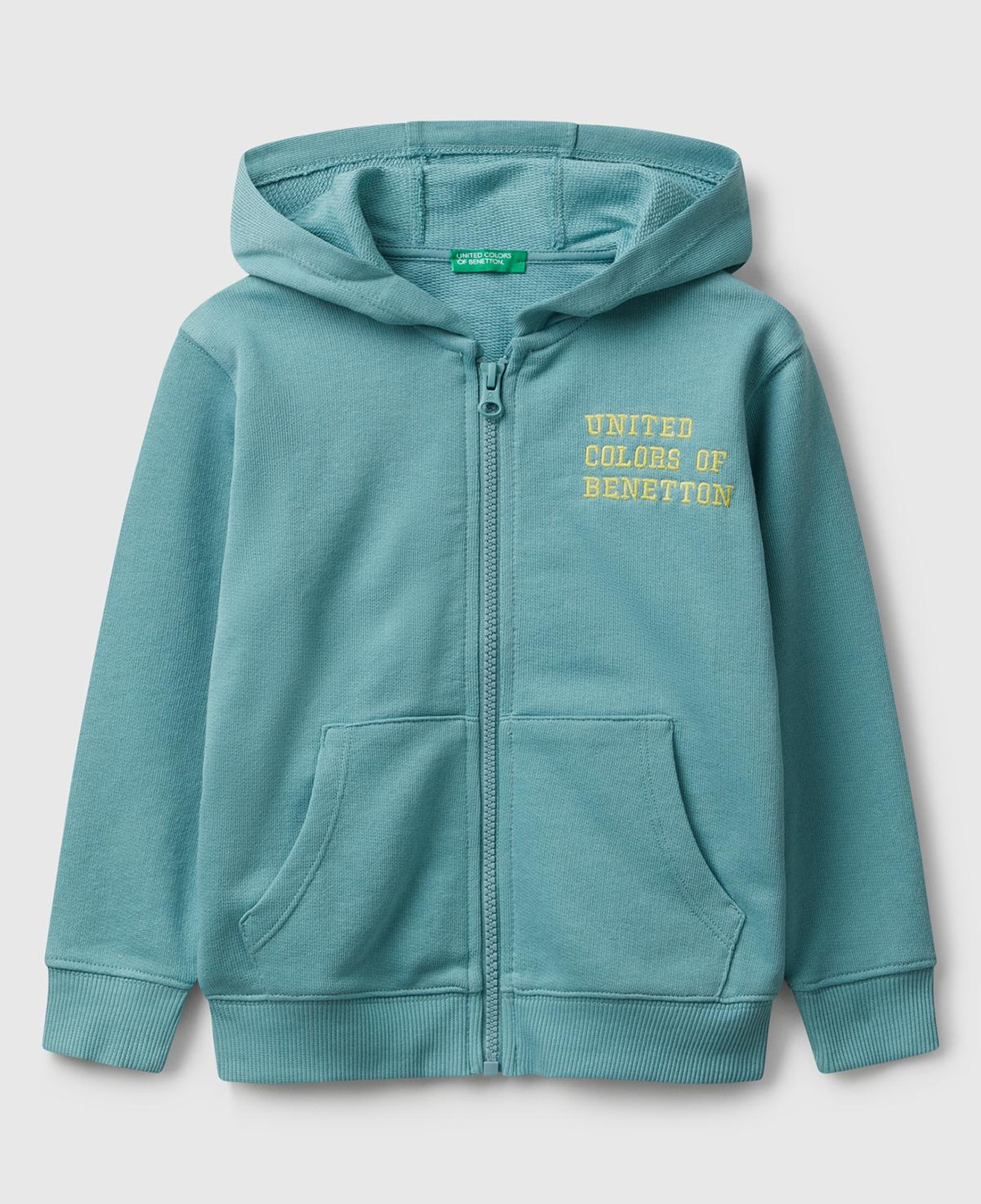 Erkek Çocuk Gri-Yeşil Önü Logo Baskılı Fermuarlı Kapüşonlu Sweatshirt