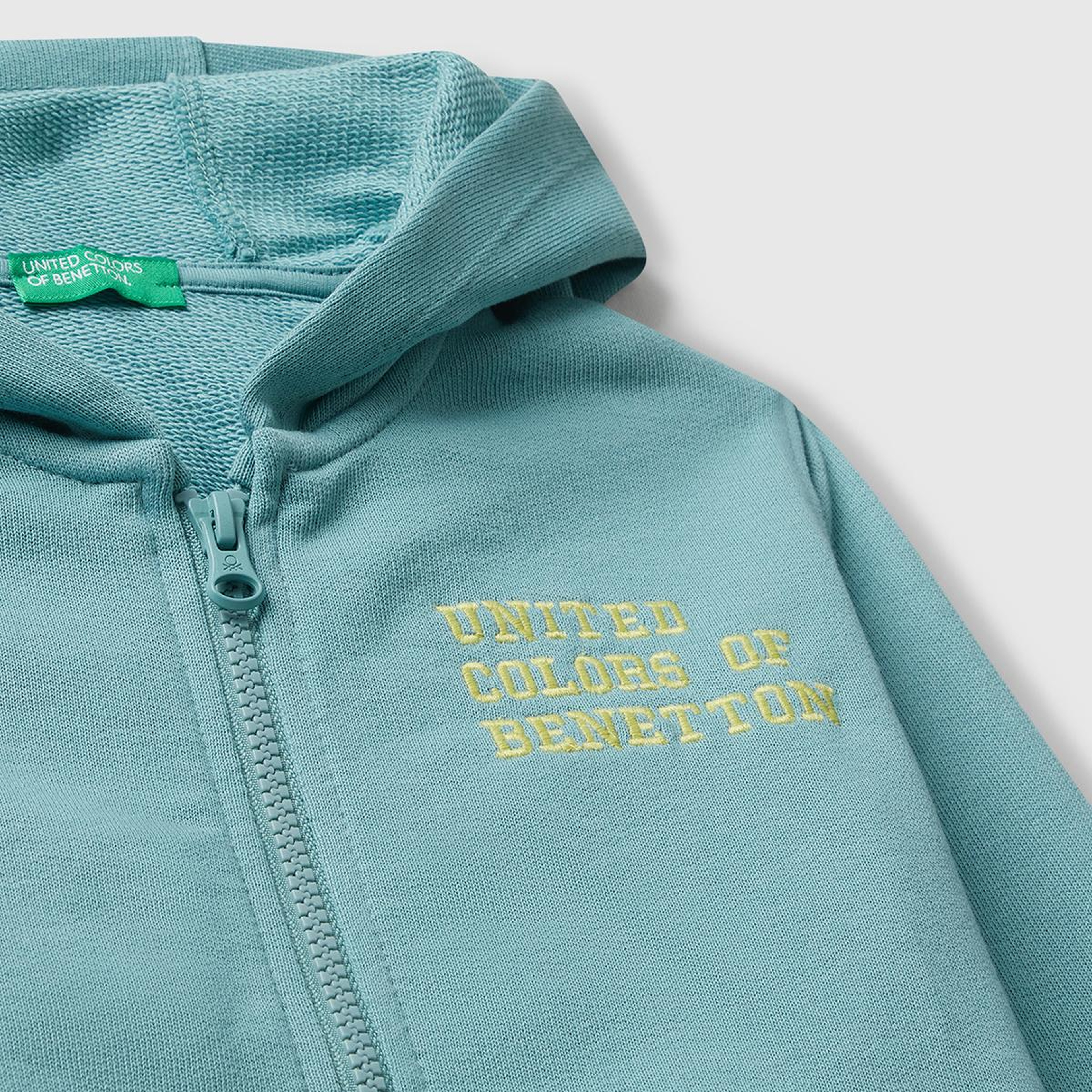 Erkek Çocuk Gri-Yeşil Önü Logo Baskılı Fermuarlı Kapüşonlu Sweatshirt