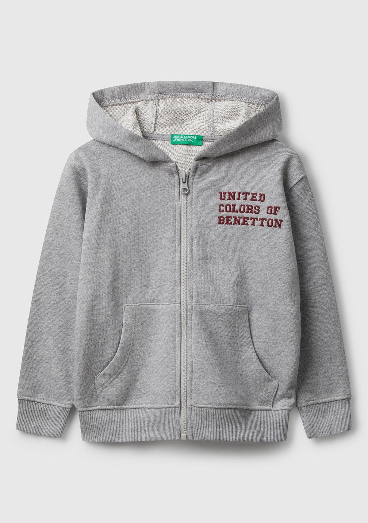 Erkek Çocuk Gri Melanj Önü Logo Baskılı Fermuarlı Kapüşonlu Sweatshirt