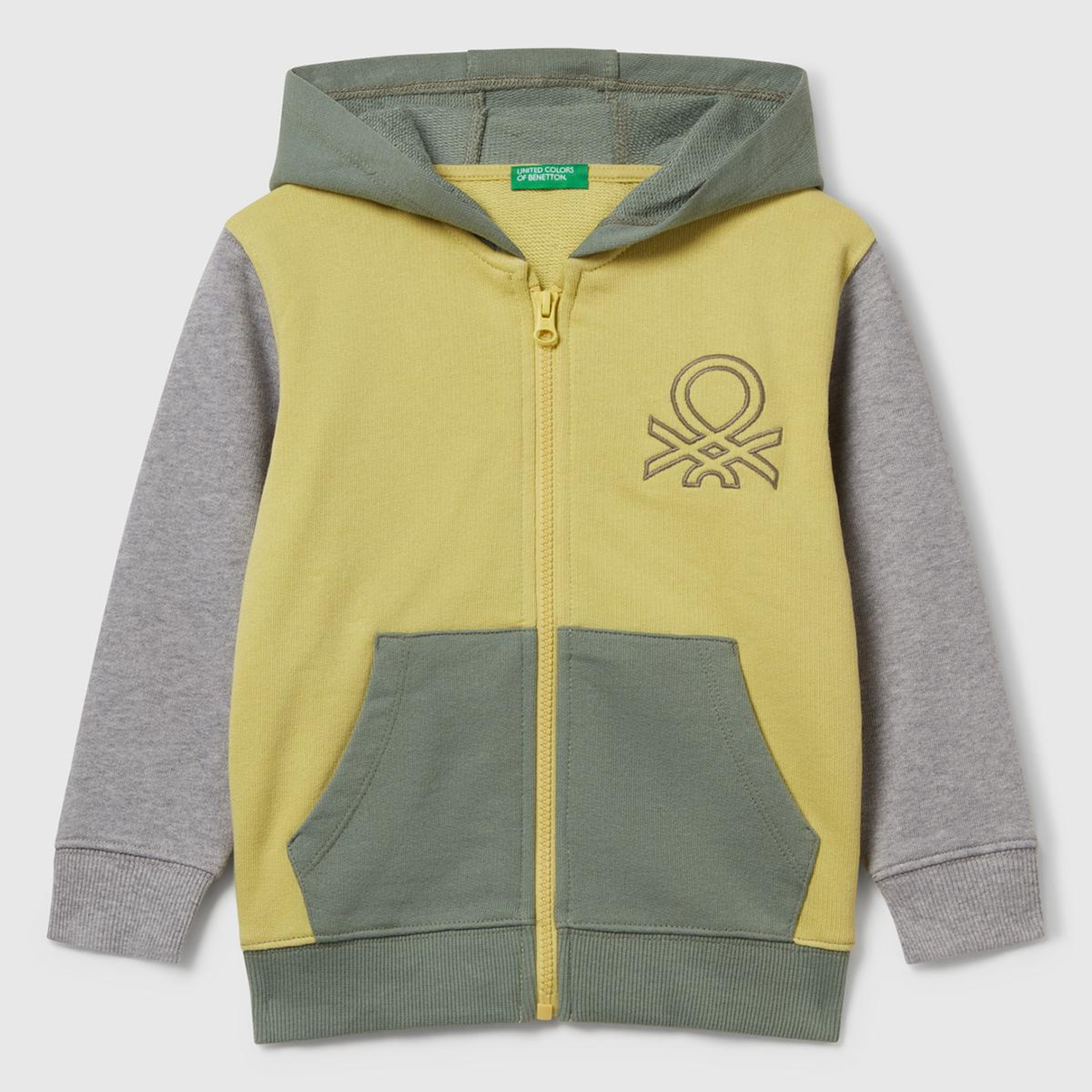 Erkek Çocuk Sarı-Gri Önü Logo Baskılı Fermuarlı Kapüşonlu Sweatshirt